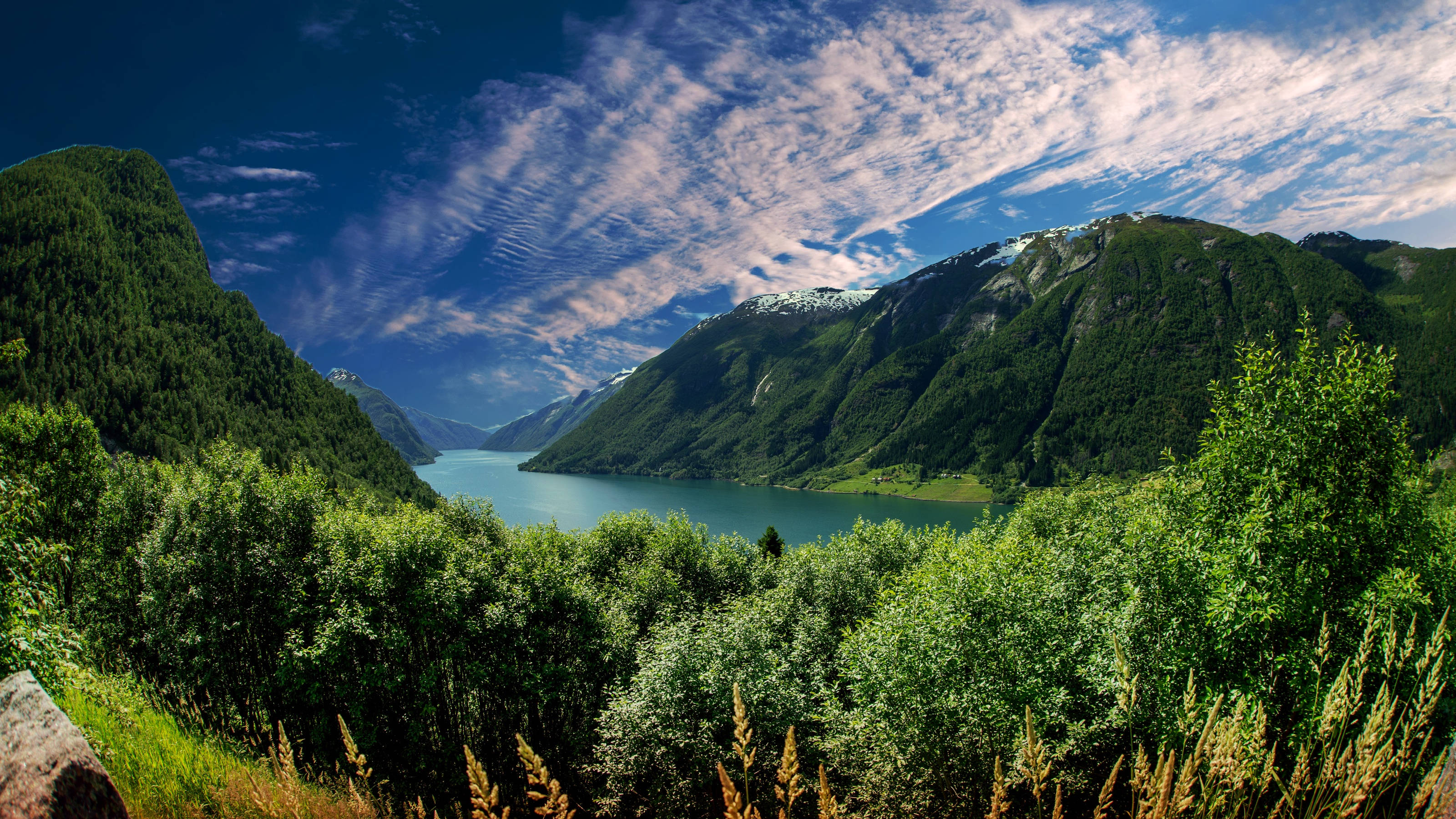 fjord, towering green mountains, vibrant blue sky, 2K Desktop Wallpaper