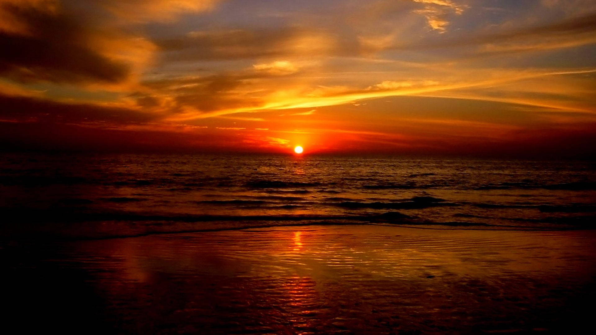 Dark Sunset Ocean, fiery sunset, ocean, Full HD Desktop Wallpaper