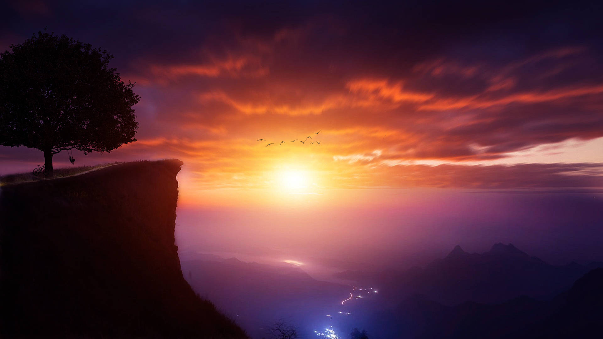 cliff silhouette, valley, sunset, Full HD Desktop Wallpaper