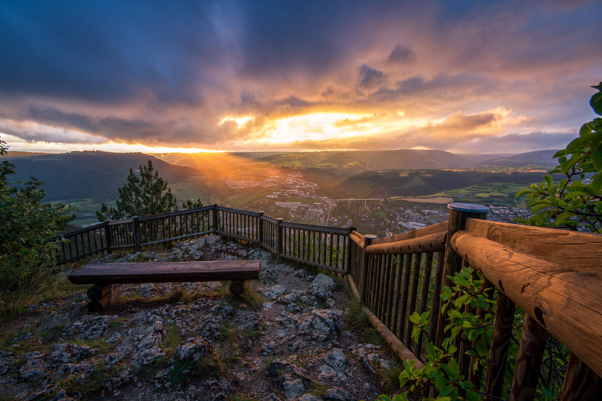 wooden bench, valley, sunset, Full HD Desktop Wallpaper