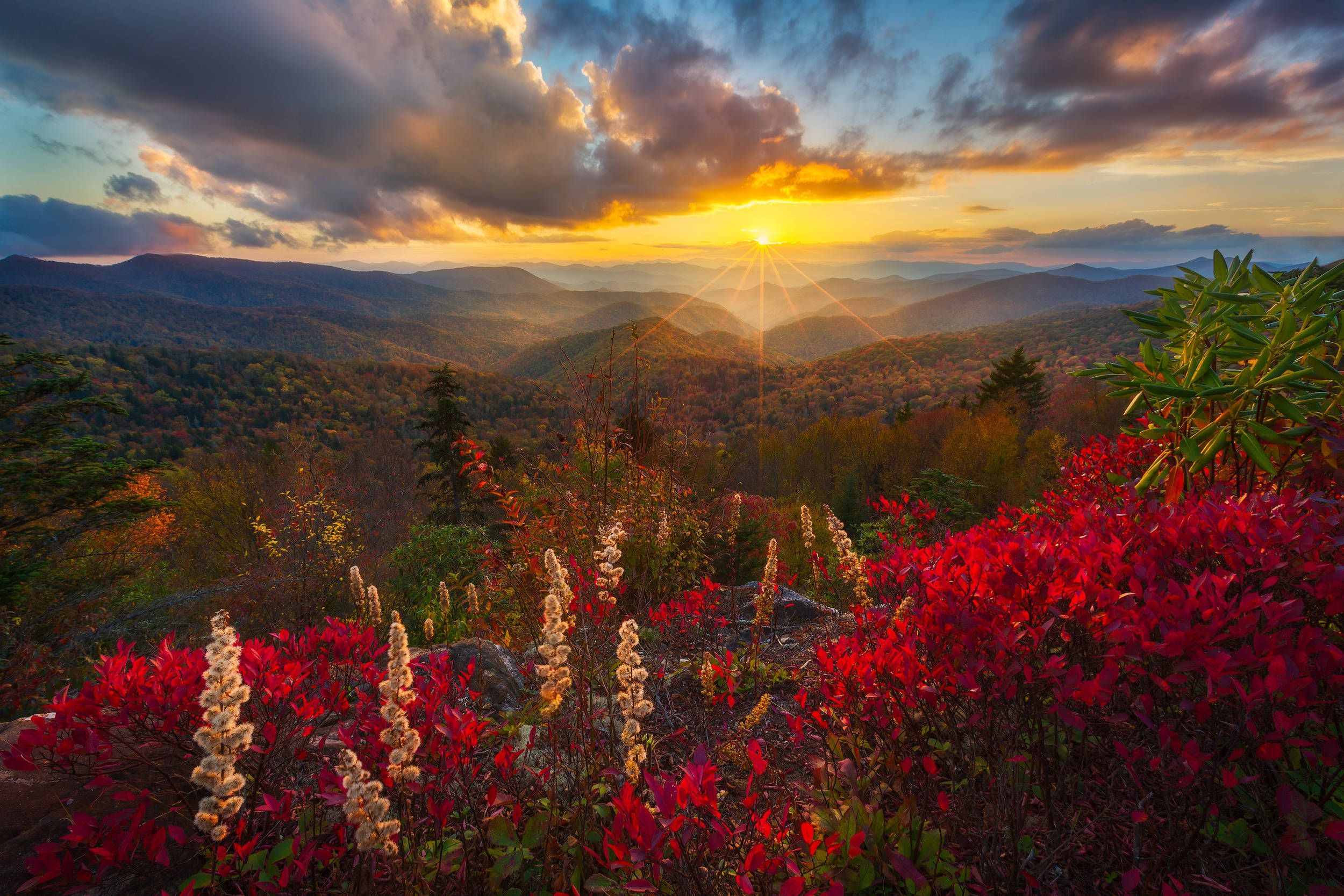 Sunset, clouds, layered mountain ridges, Full HD Desktop Wallpaper