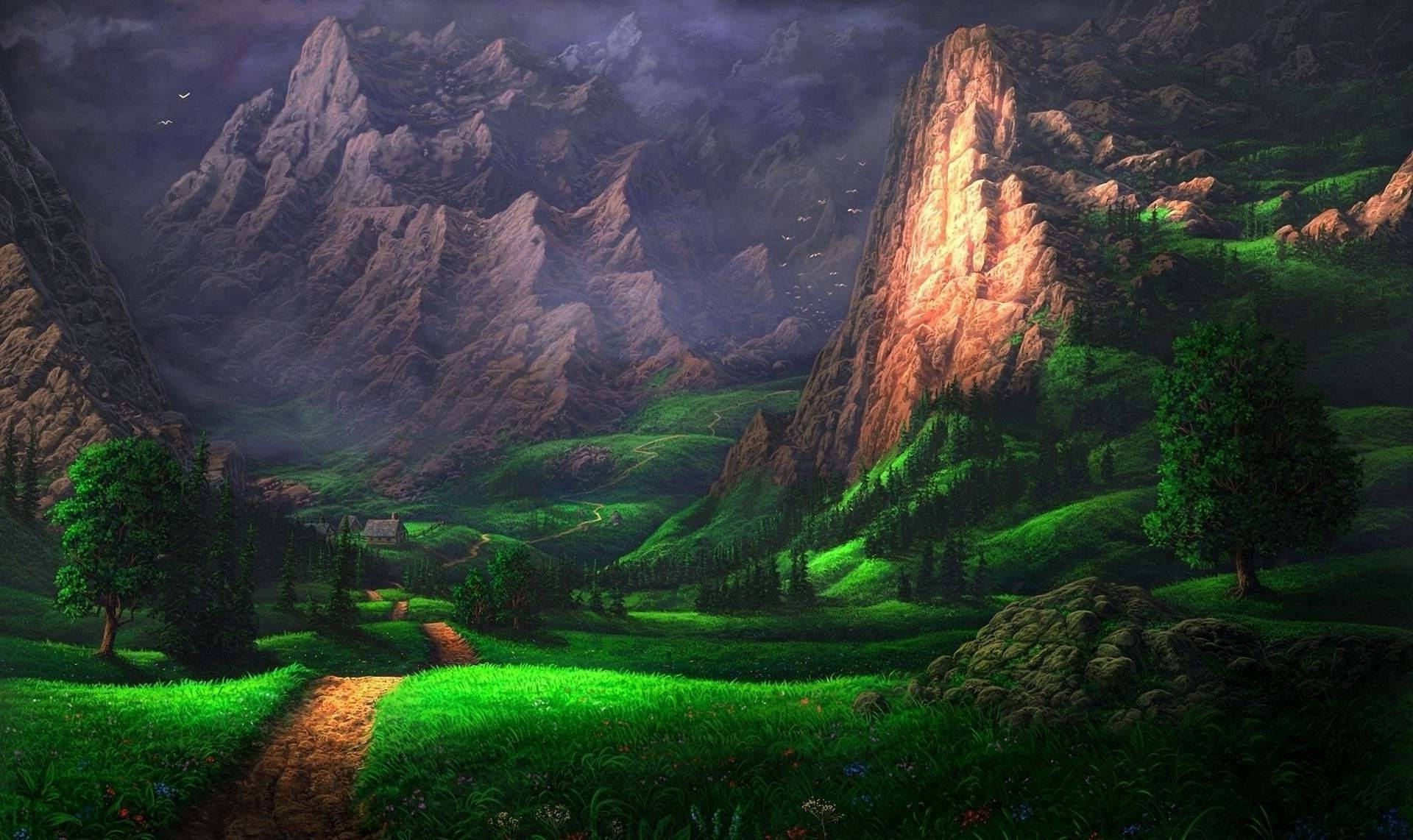winding dirt path, vibrant green valleys, towering rugged mountains, Full HD Desktop Wallpaper