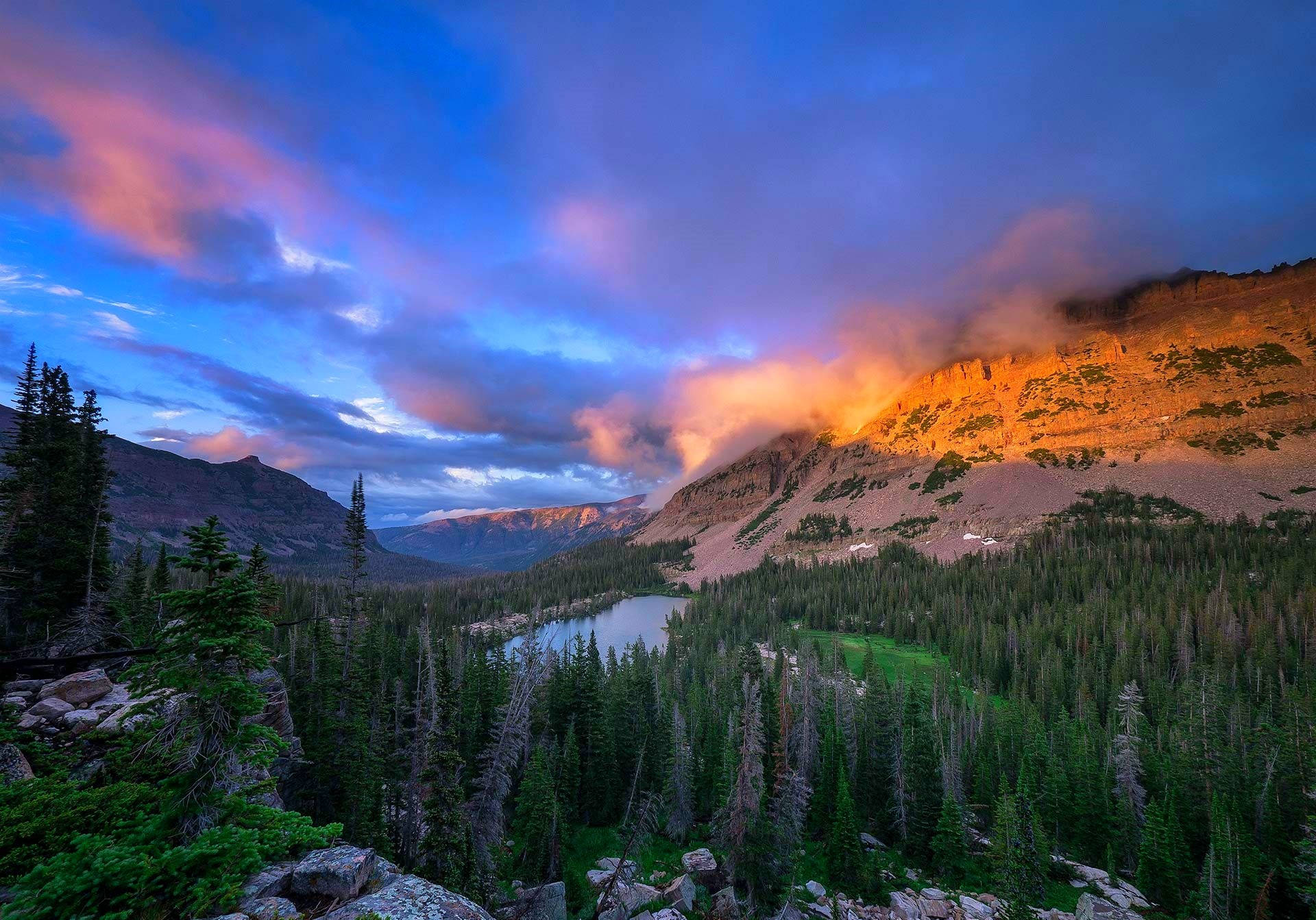 mountain lake, dense evergreen forest, dramatic twilight sky, Full HD Desktop Wallpaper