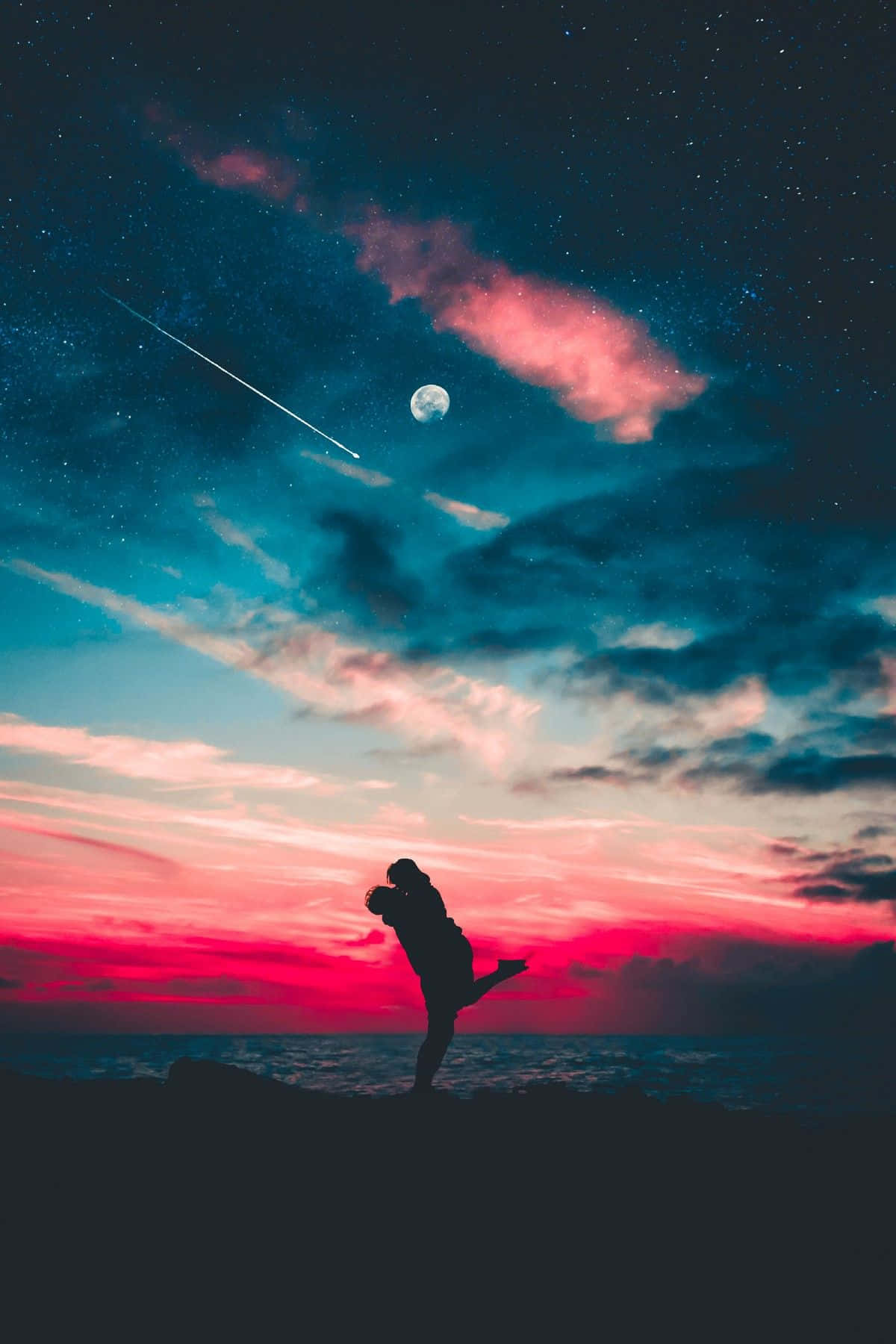 silhouetted couple, cliff, meteor, HD Phone Wallpaper