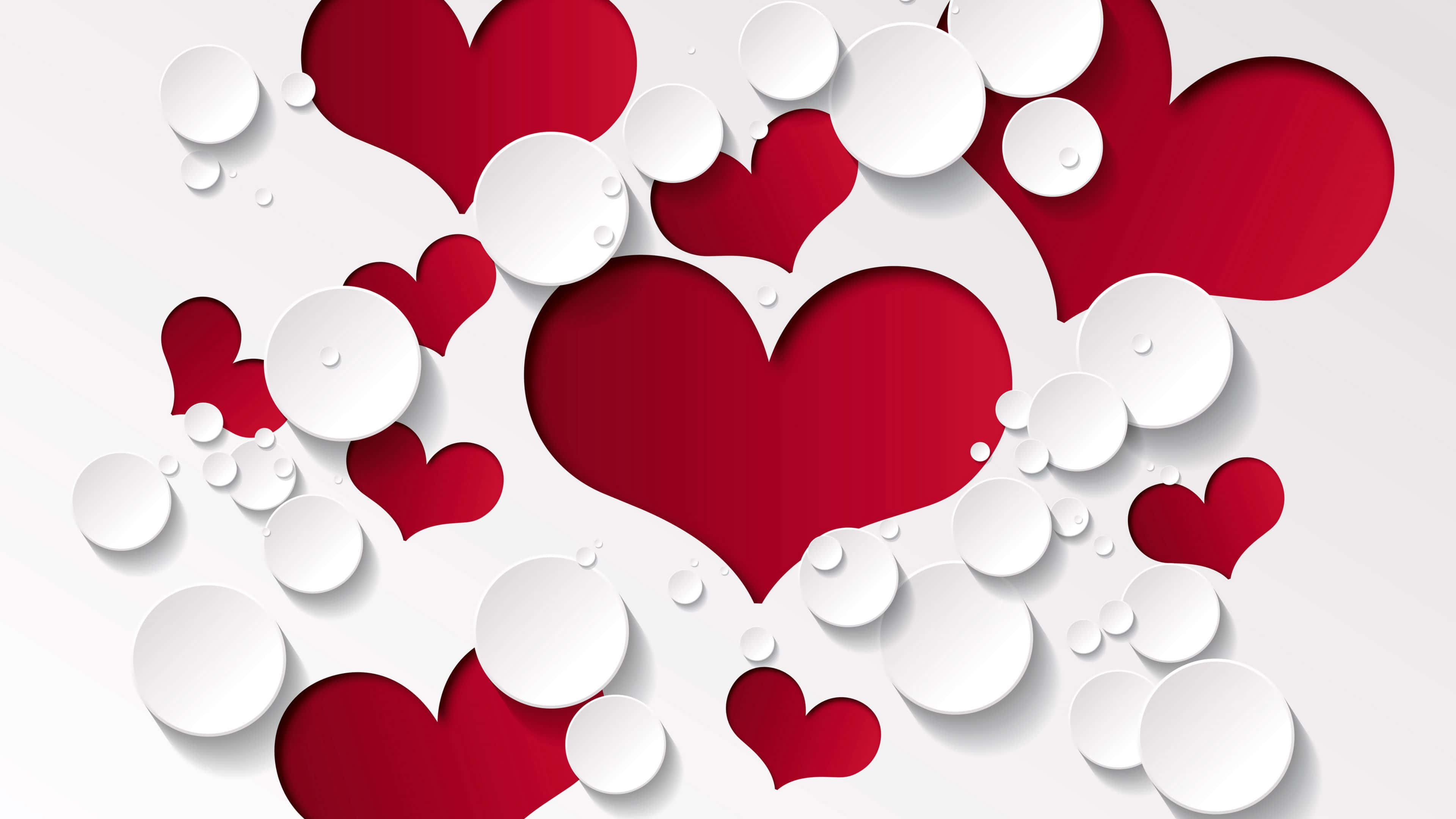 red and white paper hearts, circles, soft gray background, 4K Desktop Wallpaper