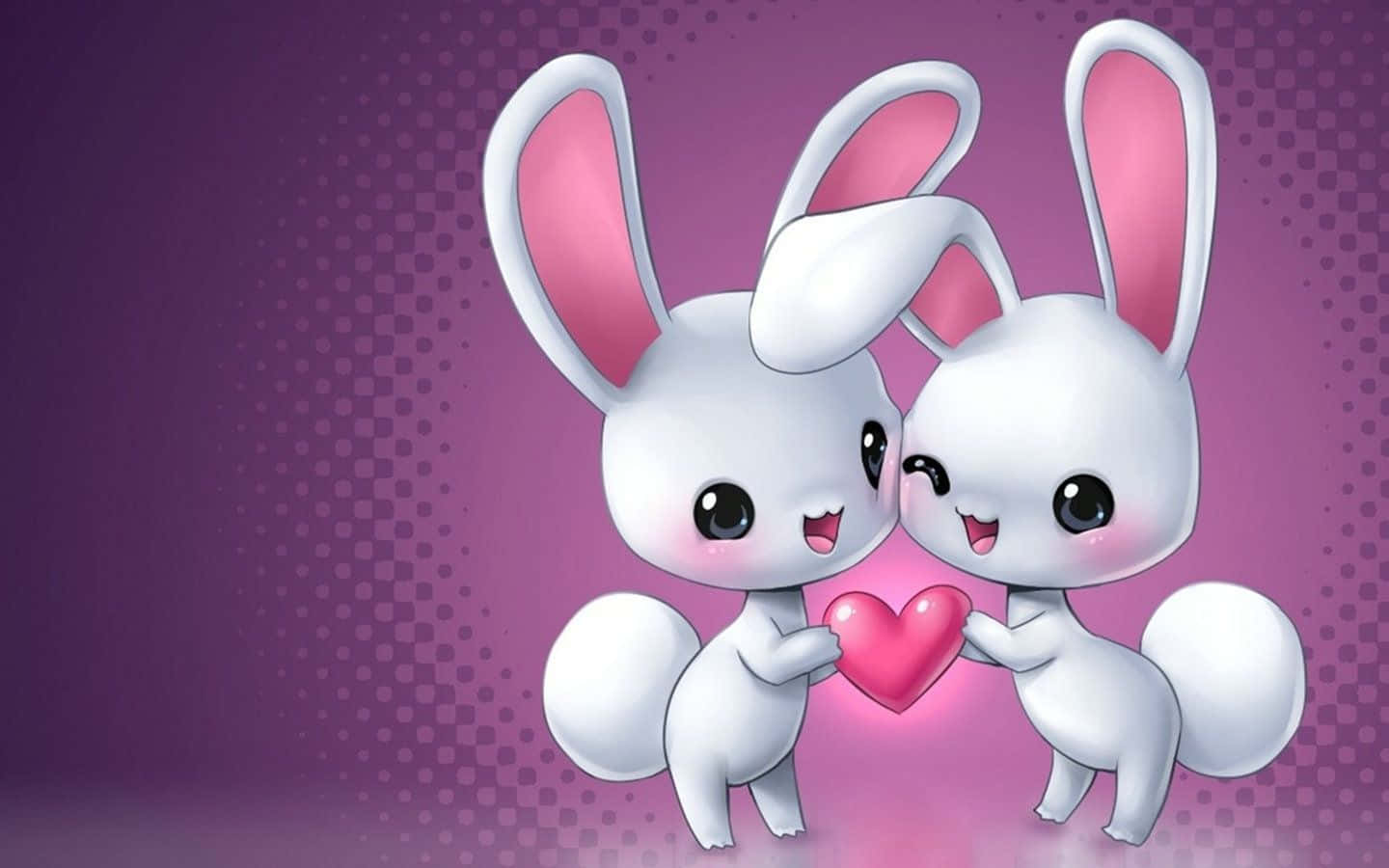 cute white cartoon bunnies, pink inner ears, glowing pink heart, HD Desktop Wallpaper