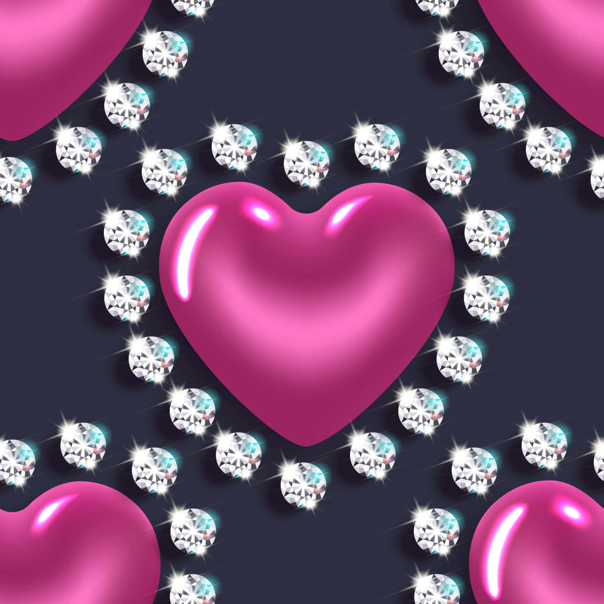 glossy pink heart, sparkling diamonds, dark background, Full HD Desktop Wallpaper