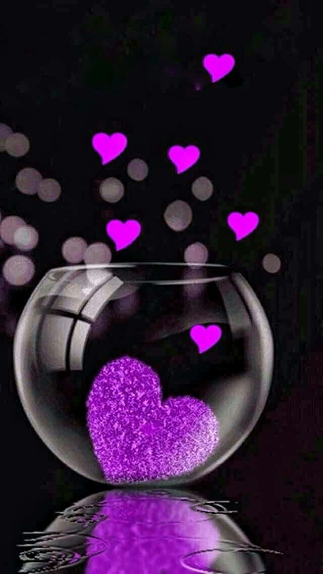 glowing purple glitter heart, glass bowl, floating hearts, SD Phone Wallpaper