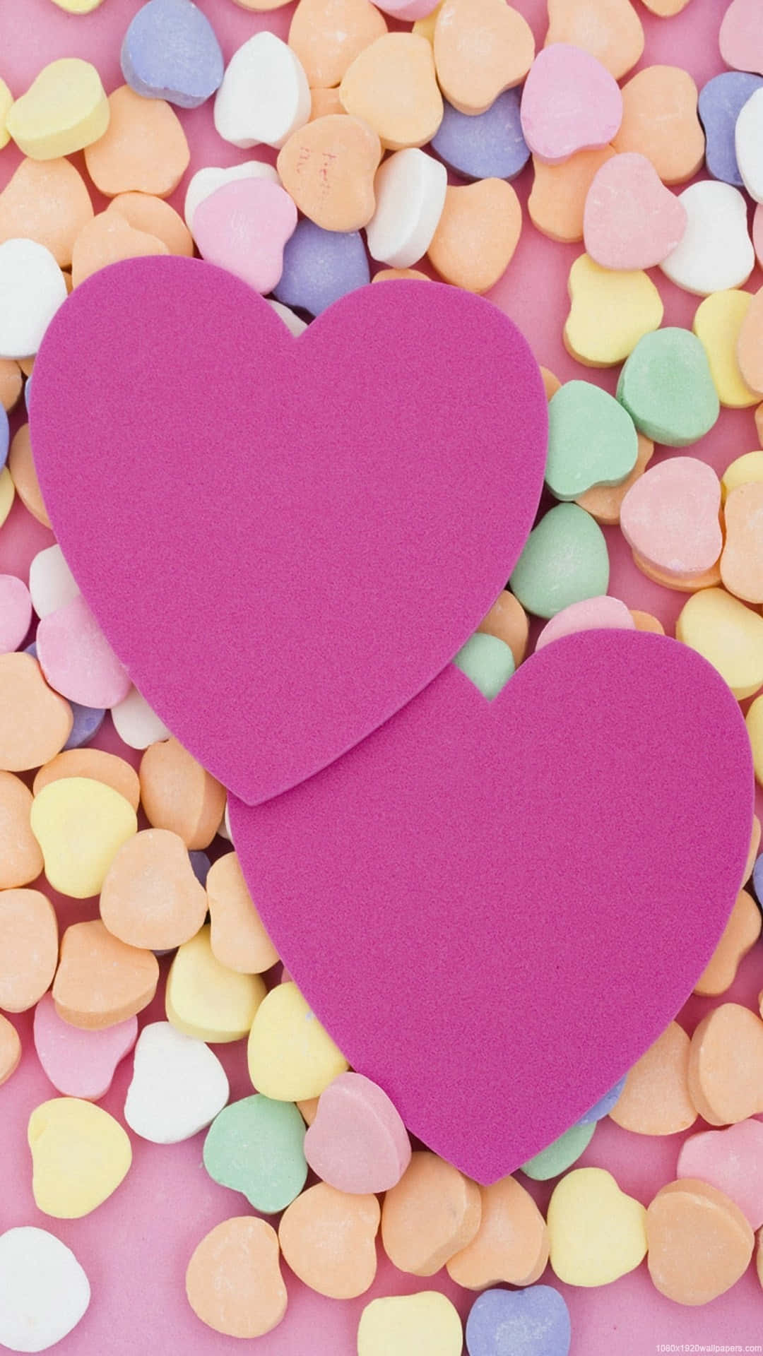 vibrant pink foam hearts, pastel heart-shaped candies, soft hues, Full HD Phone Wallpaper
