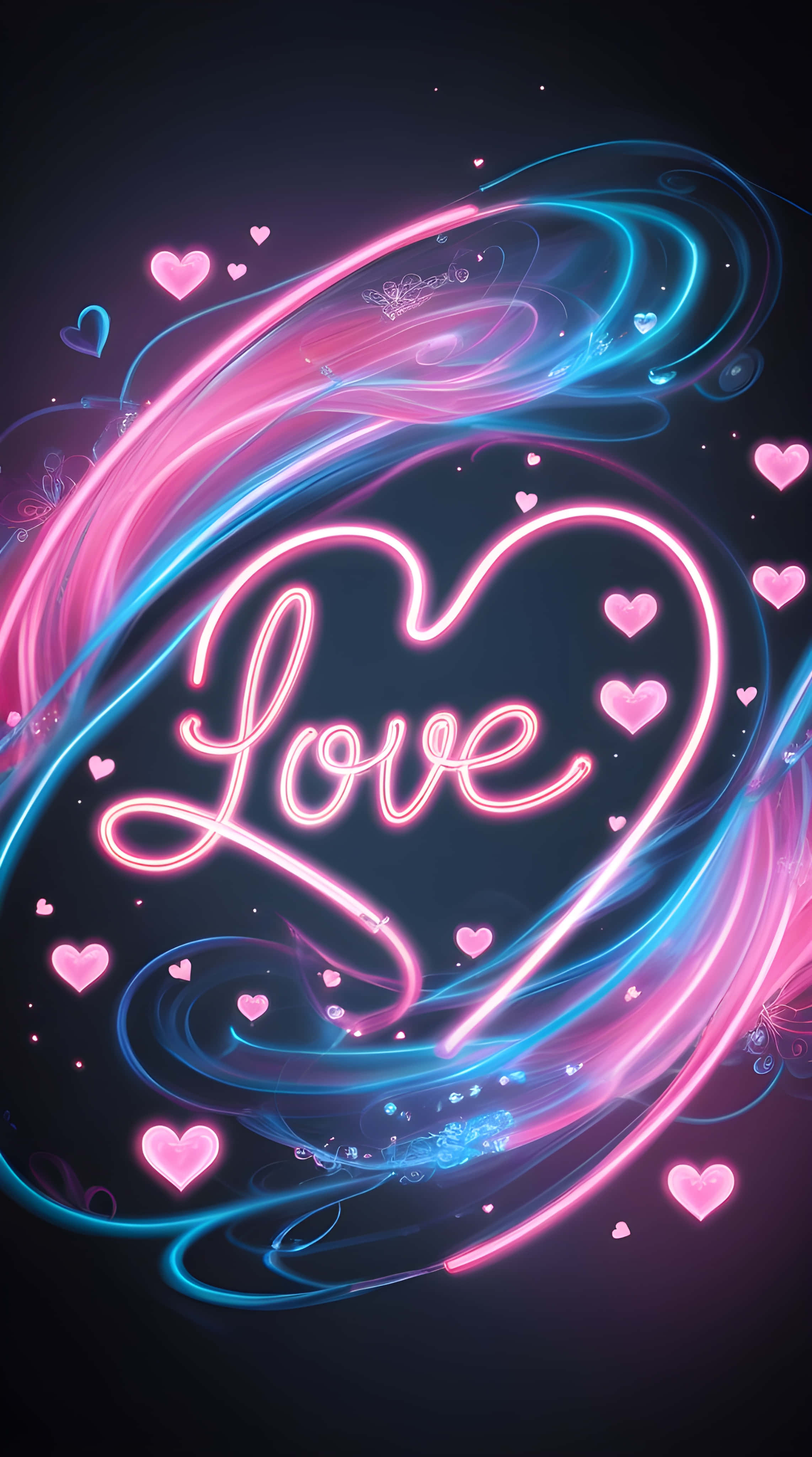 neon pink, blue swirling lights, glowing heart, 4K Phone Wallpaper
