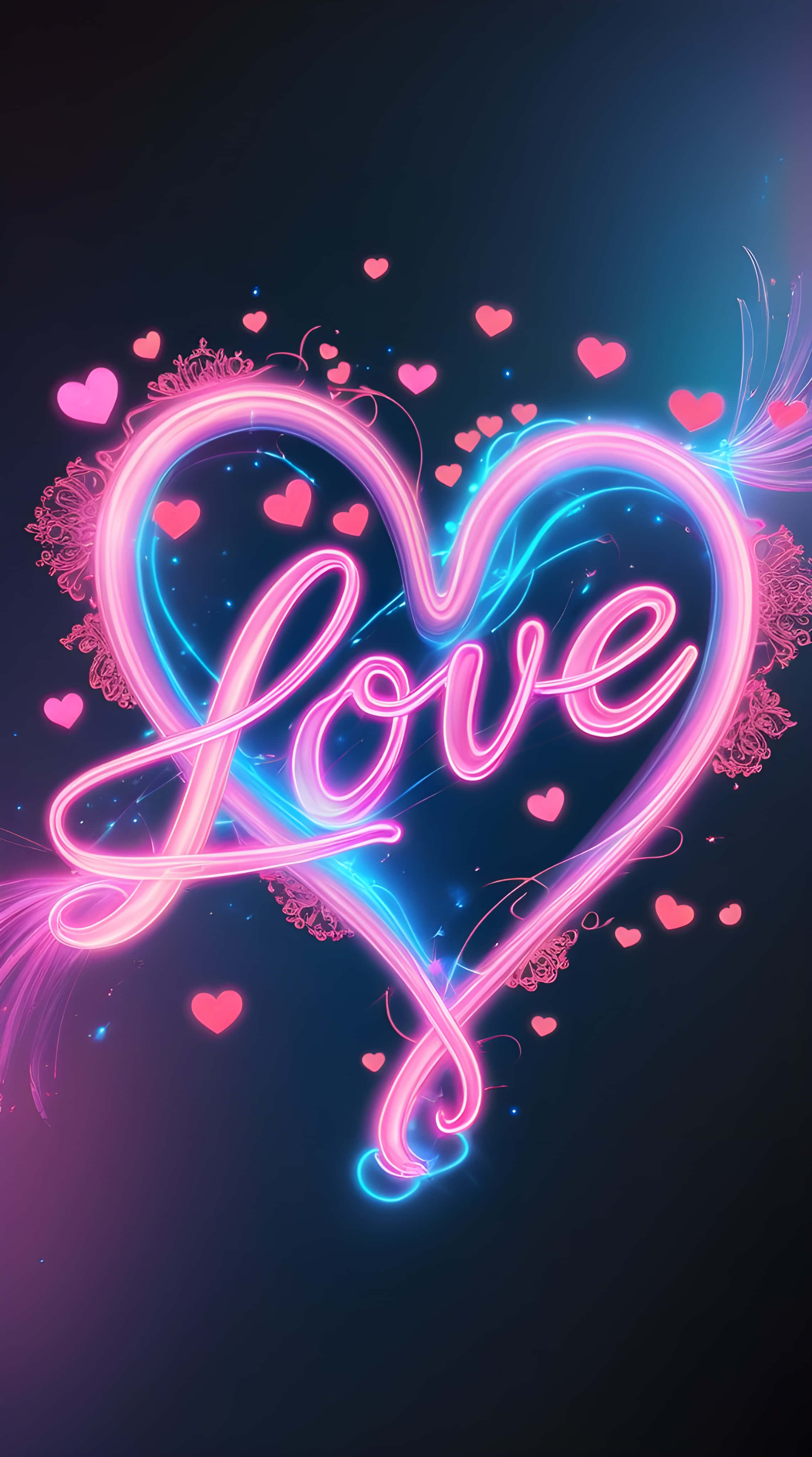 neon heart, cursive love, floating pink hearts, 4K Phone Wallpaper