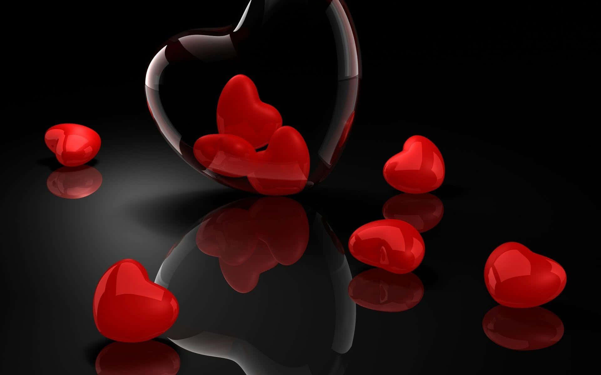 glossy red hearts, shattered black heart, reflective black surface, Full HD Desktop Wallpaper