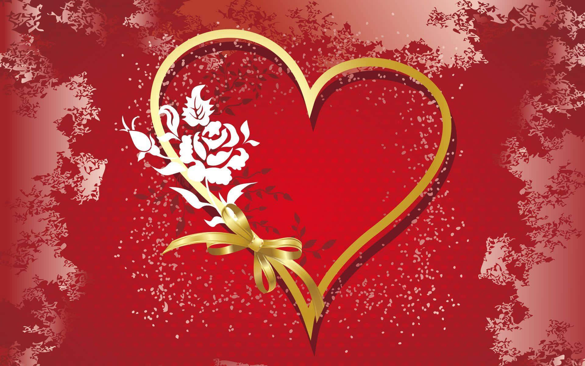 golden heart outline, white rose tied with a gold bow, textured red background, Full HD Desktop Wallpaper