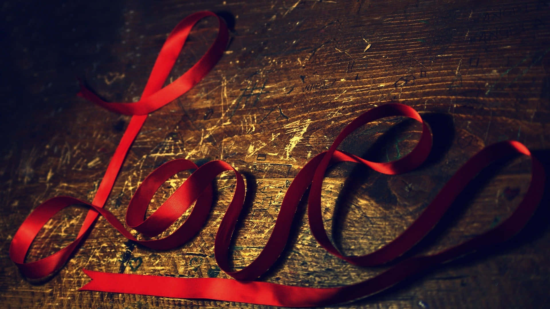 glossy red ribbon, love, weathered wooden surface, Full HD Desktop Wallpaper