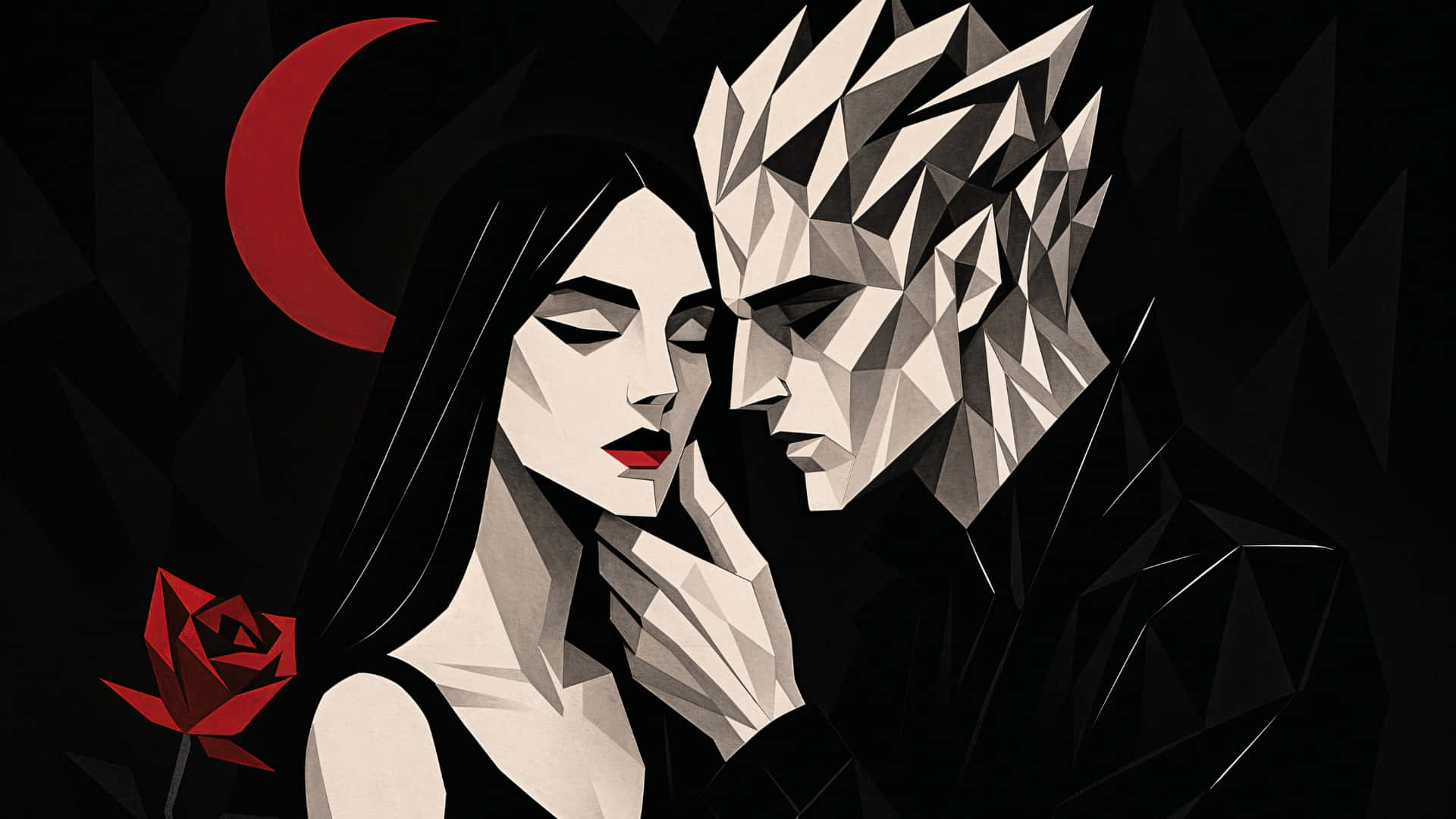 dark romance embrace, geometric vampire, woman in black and white, Full HD Desktop Wallpaper