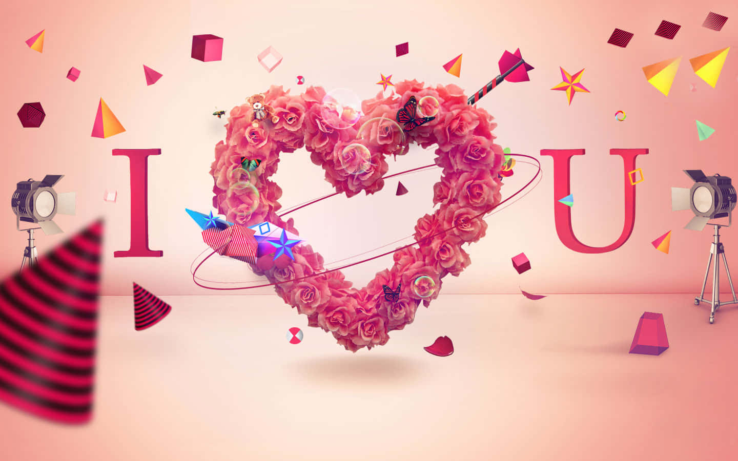 pink roses, confetti stars, film lights, HD Desktop Wallpaper