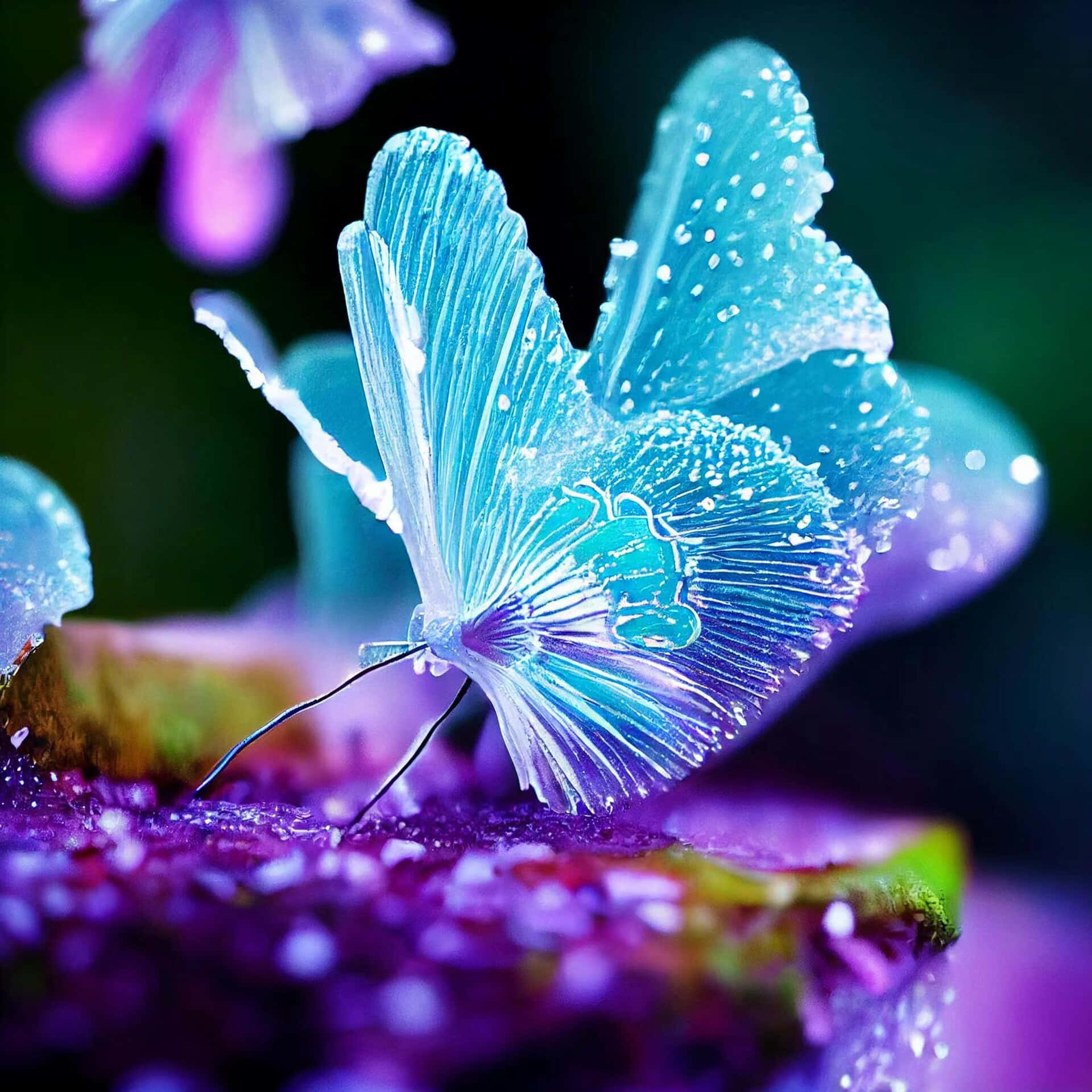 translucent blue butterfly, crystalline wings, dewy purple flower, Full HD Desktop Wallpaper