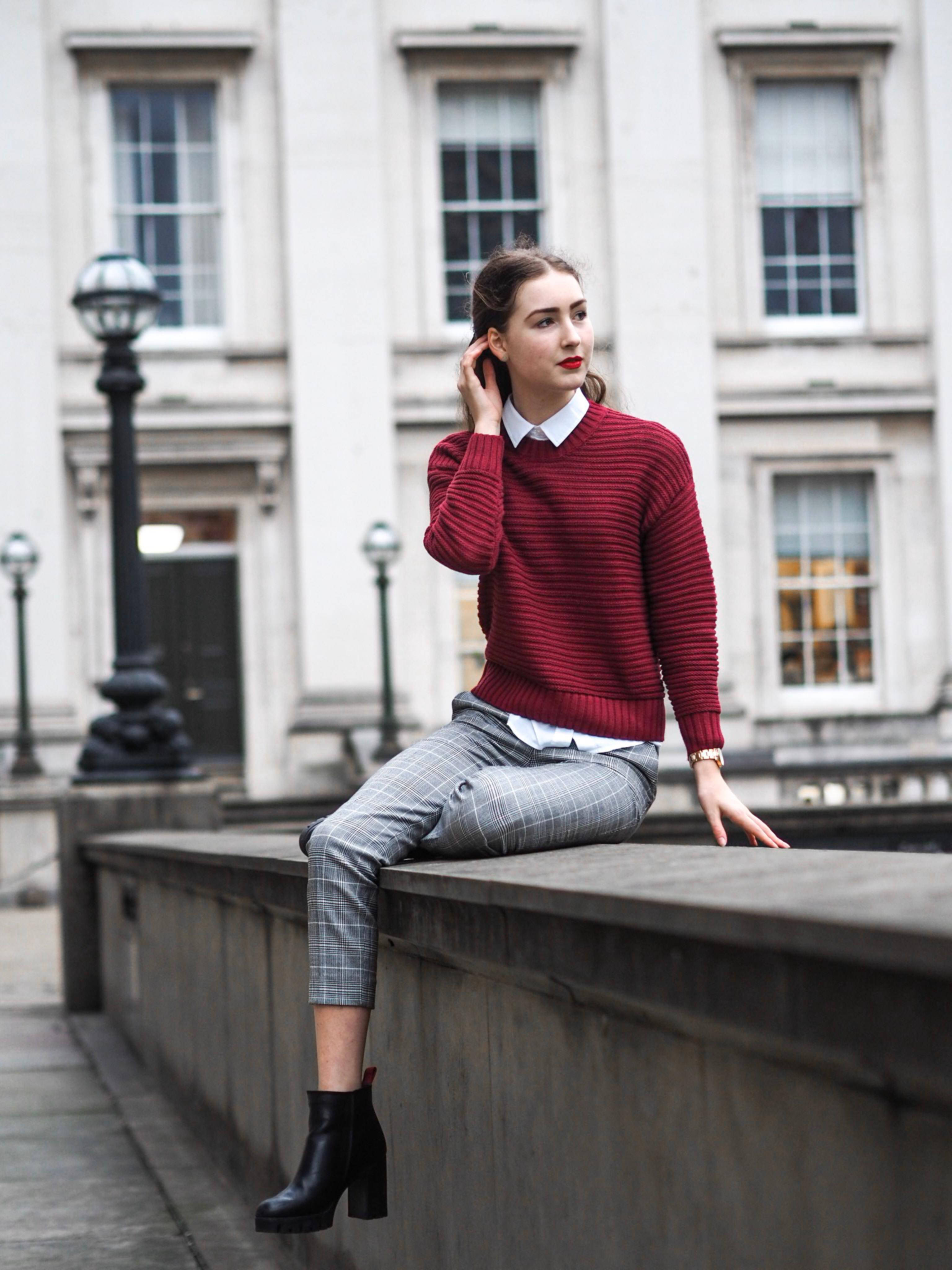 red jacket, red ribbed sweater, plaid pants, 4K Phone Wallpaper