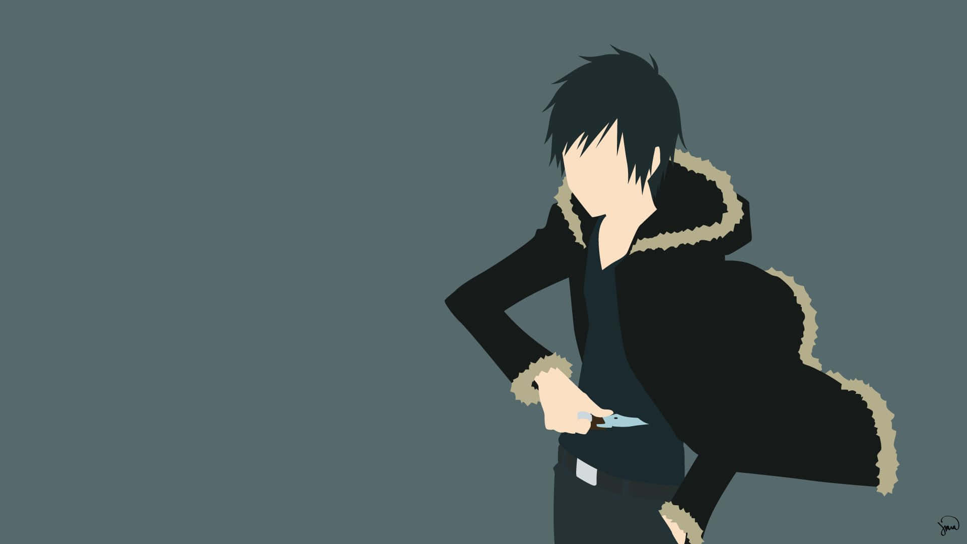 minimalist anime character, black coat, beige fur trim, Full HD Desktop Wallpaper