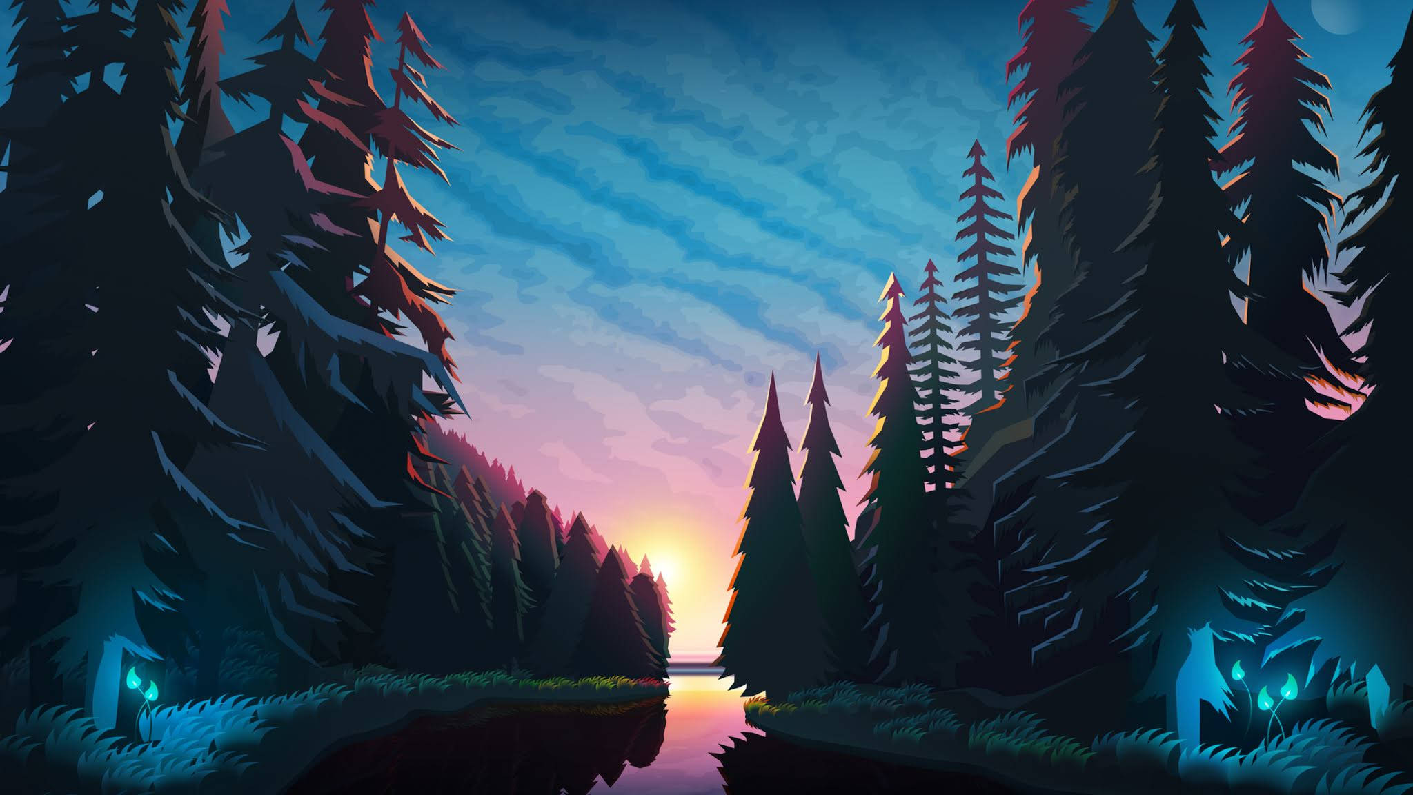 twilight forest, tall pine trees, glowing sunset, Full HD Desktop Wallpaper