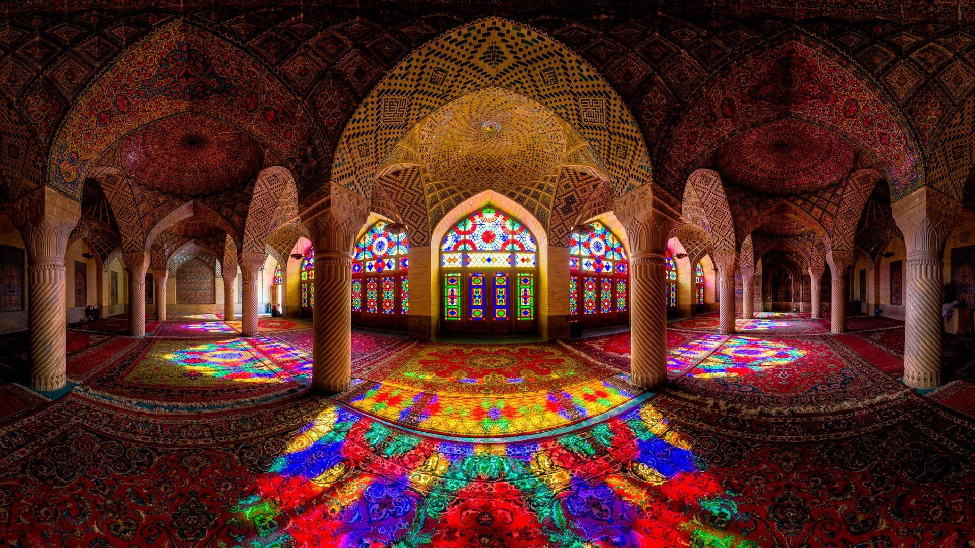 beautiful mosque, floral stained glass, kaleidoscopic light patterns, Full HD Desktop Wallpaper