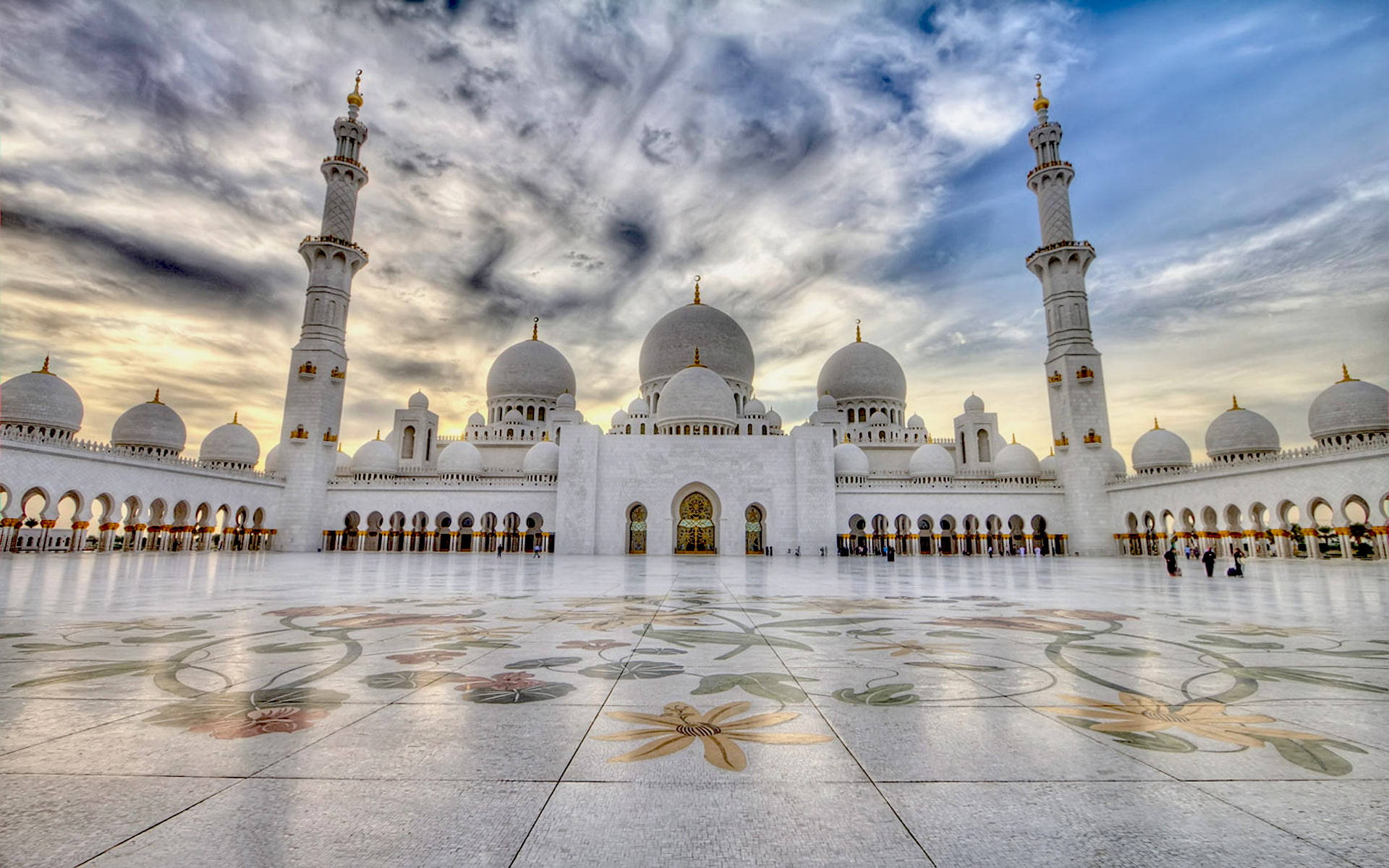 beautiful mosque, floral mosaic floor, white mosque, Full HD Desktop Wallpaper
