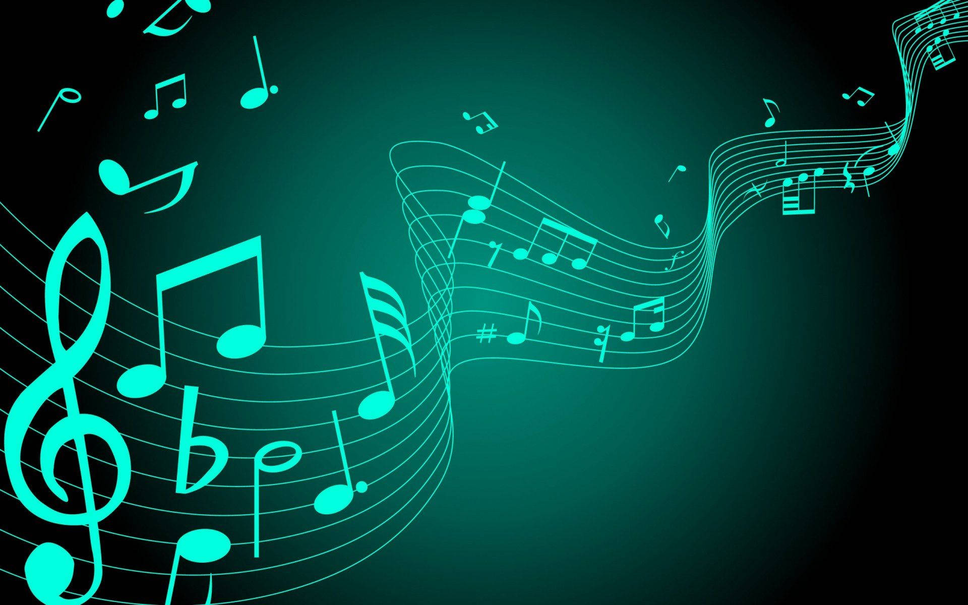 glowing musical notes, vibrant teal, dark gradient background, Full HD Desktop Wallpaper