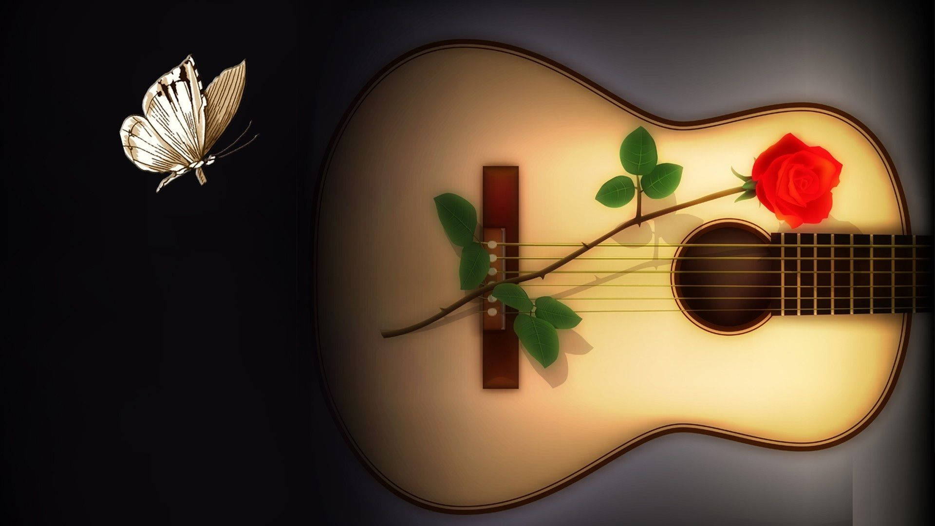 Beautiful Music, classical guitar, red rose, Full HD Desktop Wallpaper