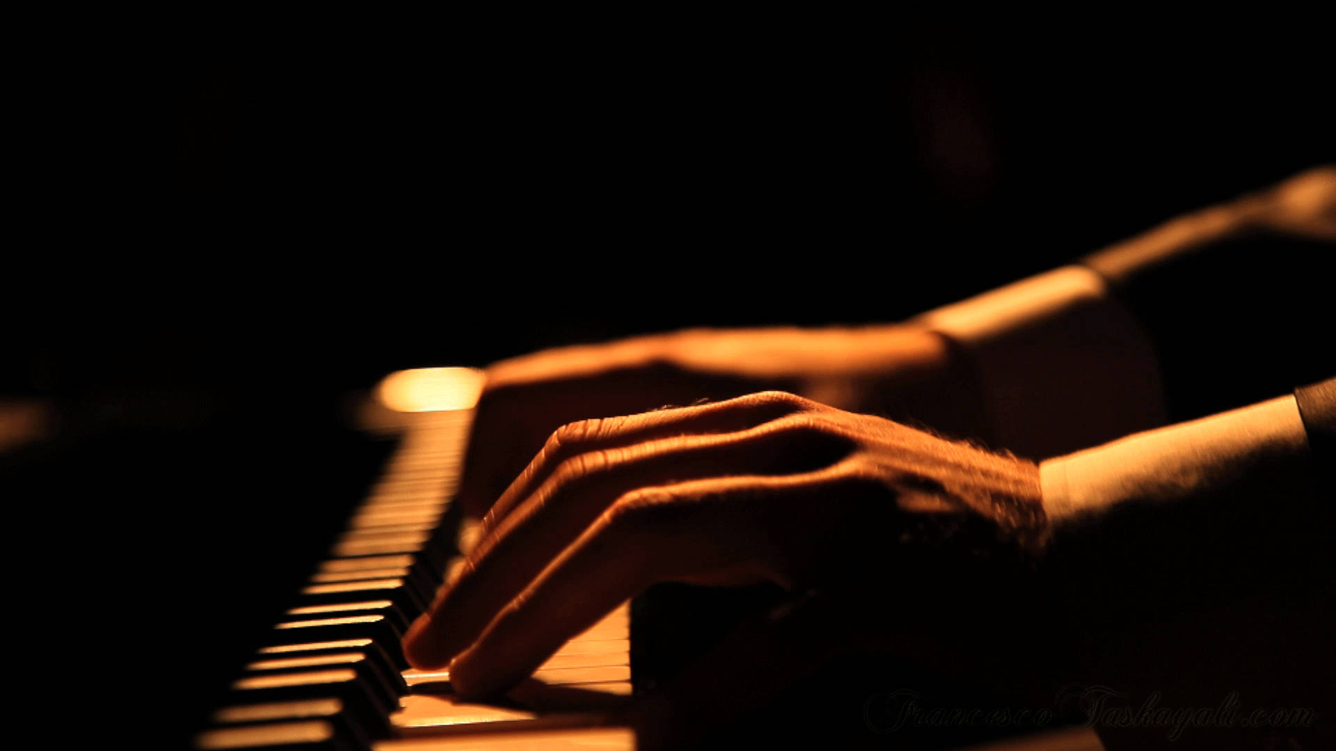 Beautiful Music Keyboard, piano keys, warm golden light, Full HD Desktop Wallpaper
