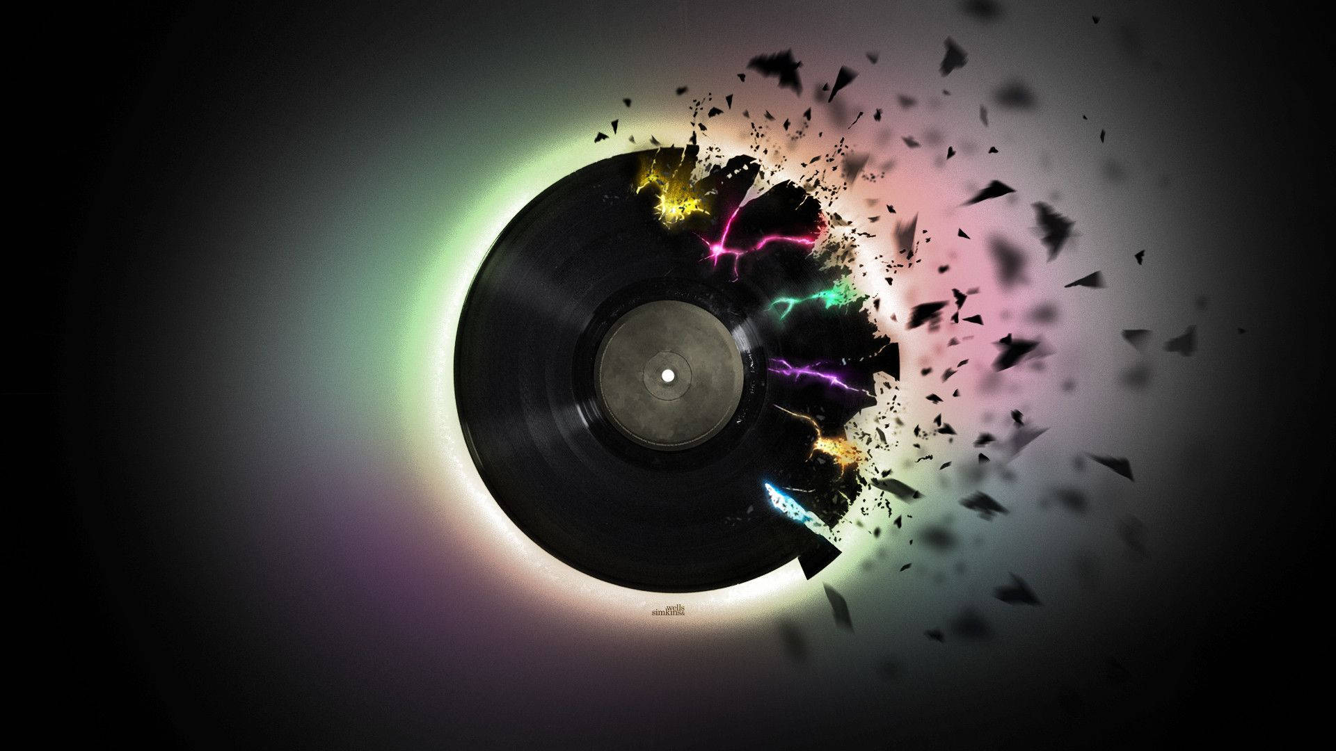 Beautiful Music, broken vinyl record, neon lightning bolts, Full HD Desktop Wallpaper