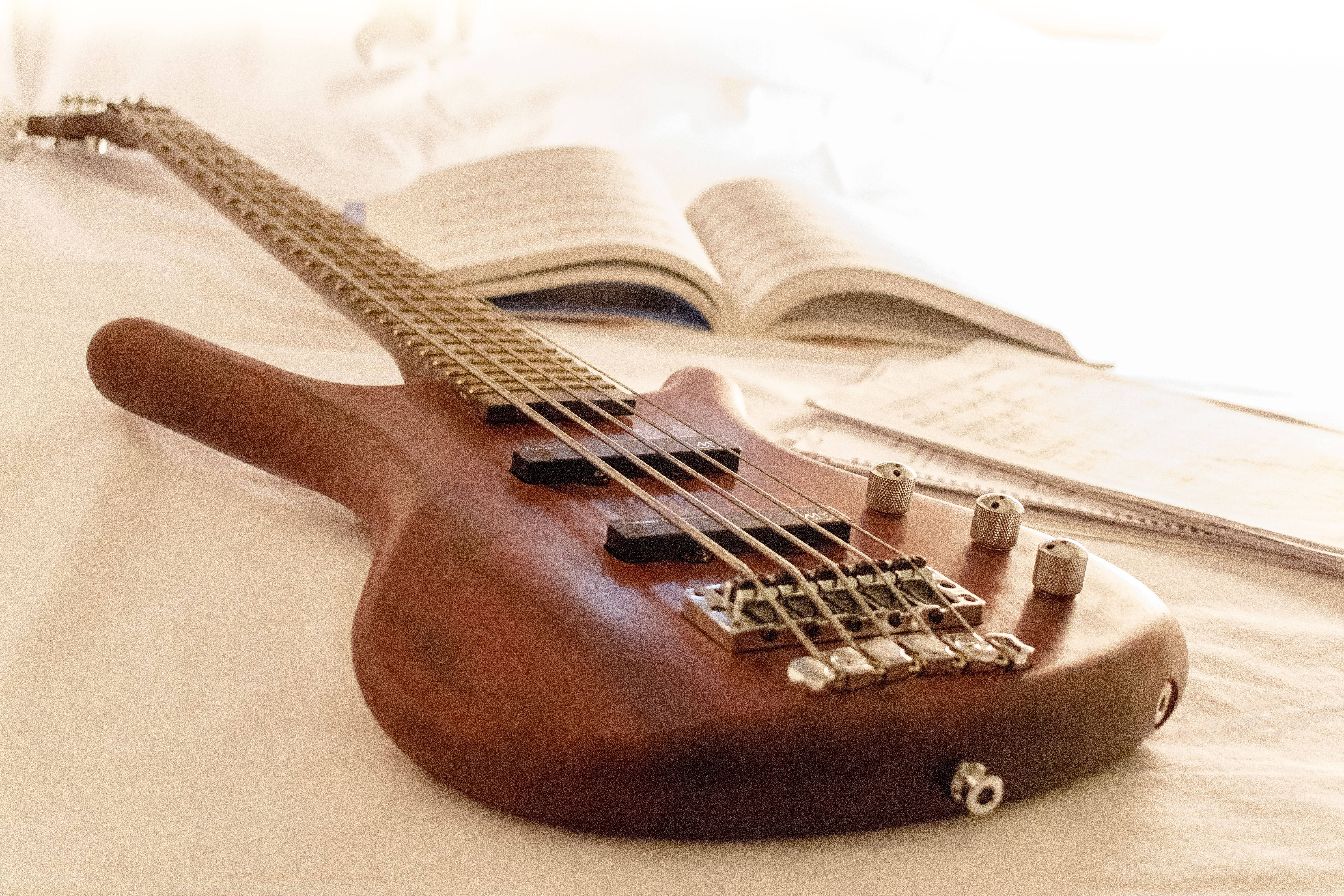 Beautiful Music, brown bass guitar, wooden bass guitar, 5K Desktop Wallpaper