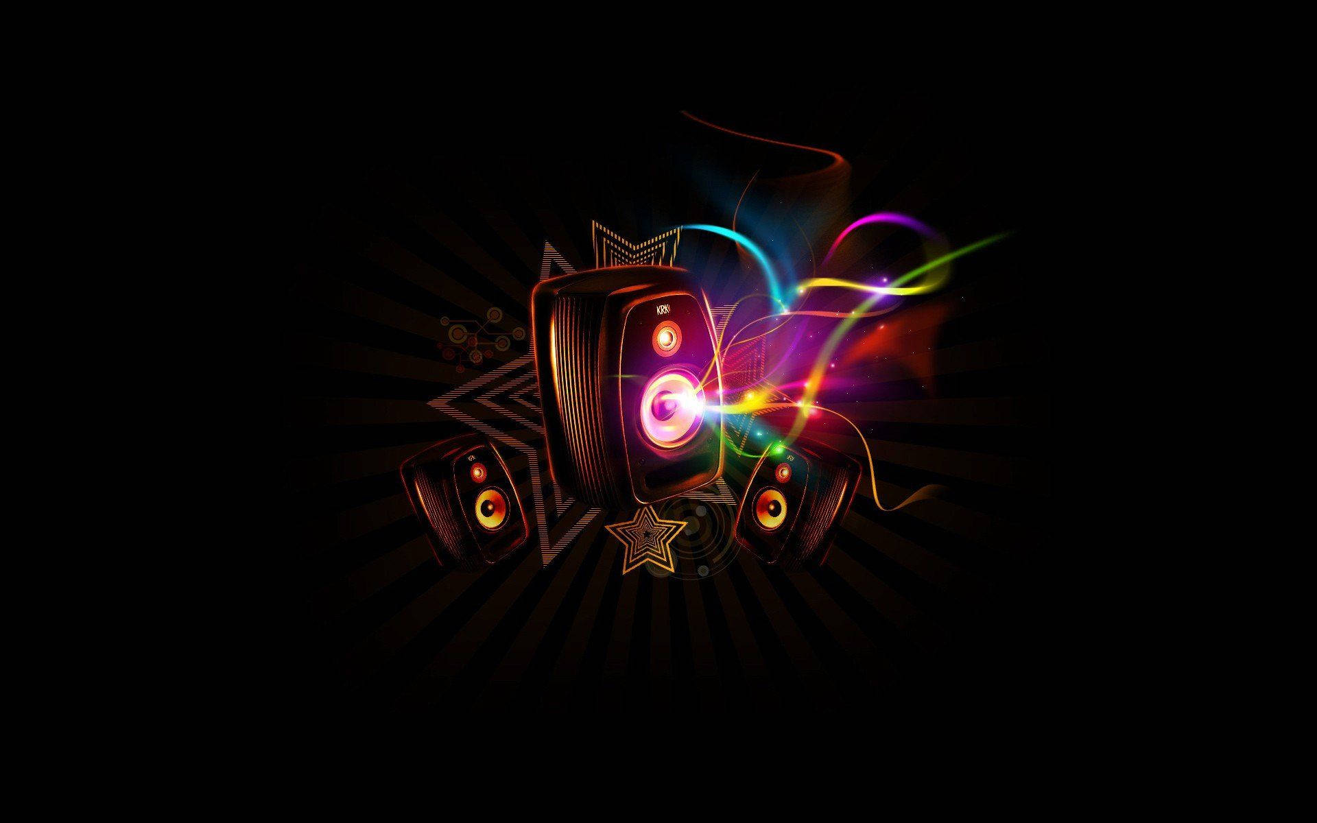 Beautiful Music, glowing speakers, neon sound waves, Full HD Desktop Wallpaper