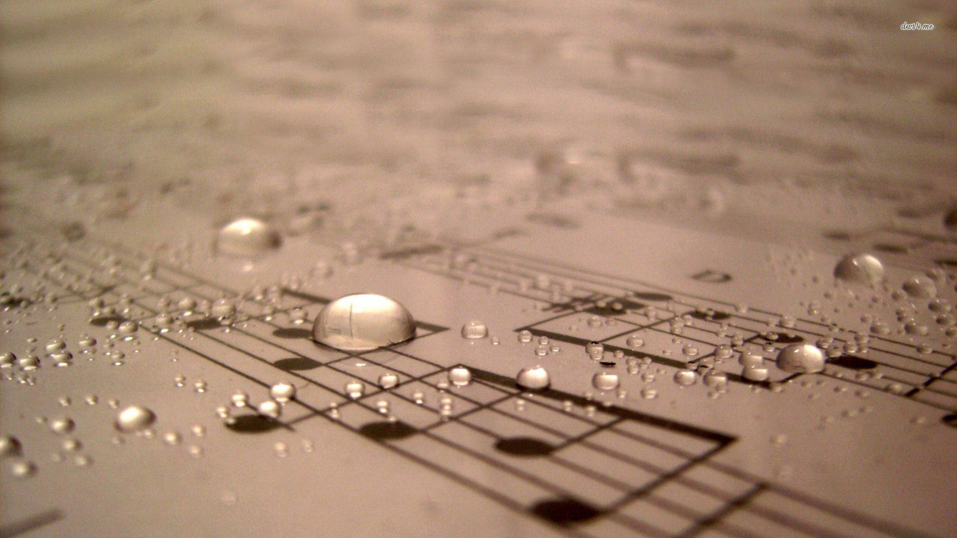 water droplets, sepia-toned sheet music, reflective, Full HD Desktop Wallpaper