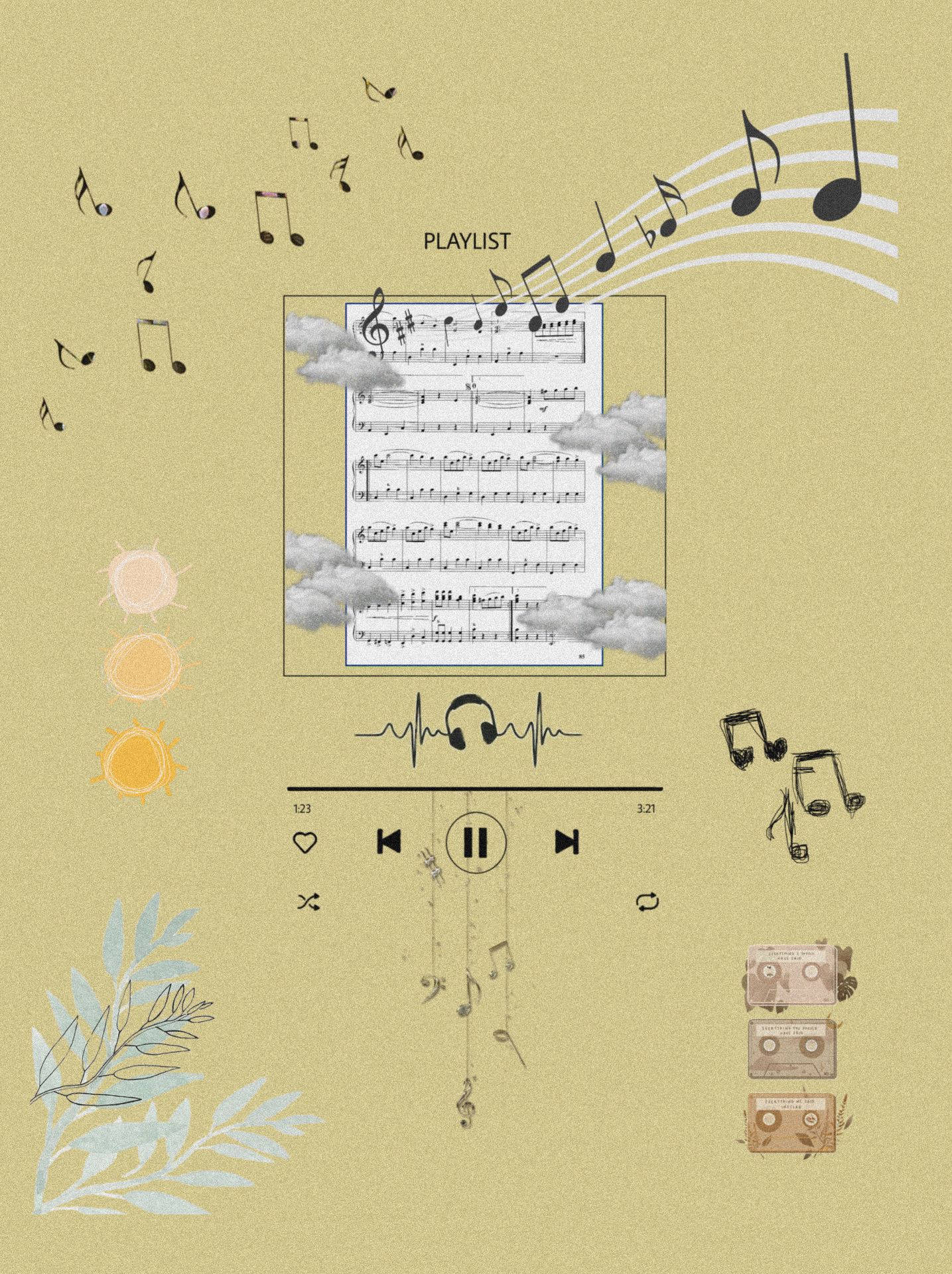 vintage music playlist, sheet music clouds, cassette tapes, Full HD Phone Wallpaper