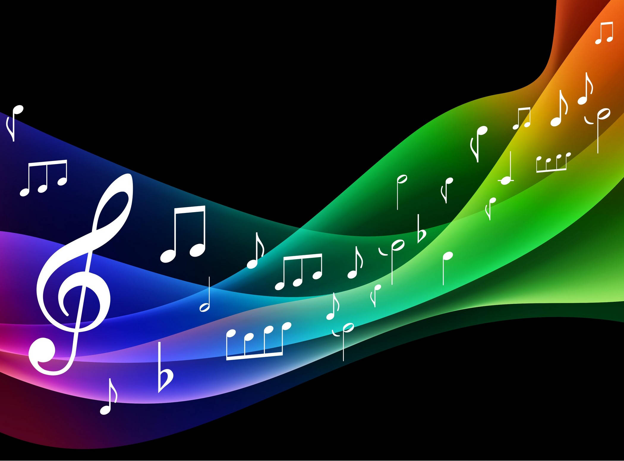 rainbow waves, black background, white musical notes, Full HD Desktop Wallpaper
