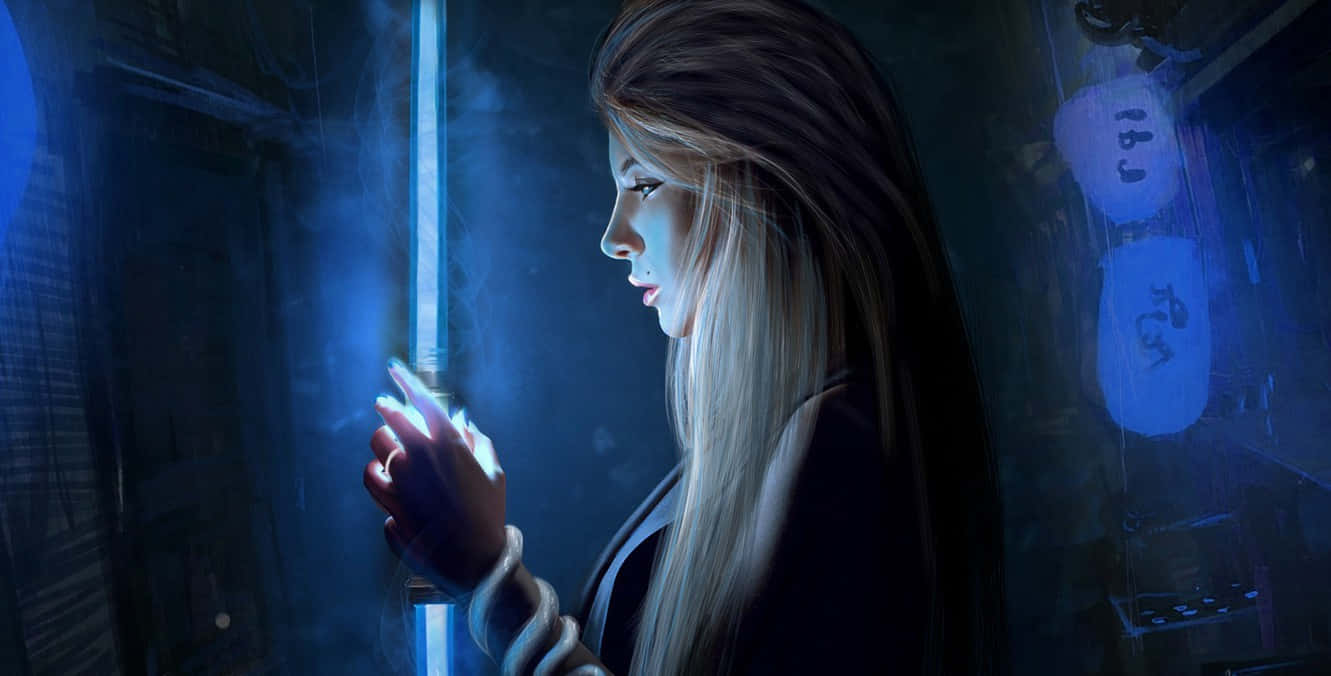 glowing blue sword, dimly lit misty chamber, floating lanterns, HD Desktop Wallpaper