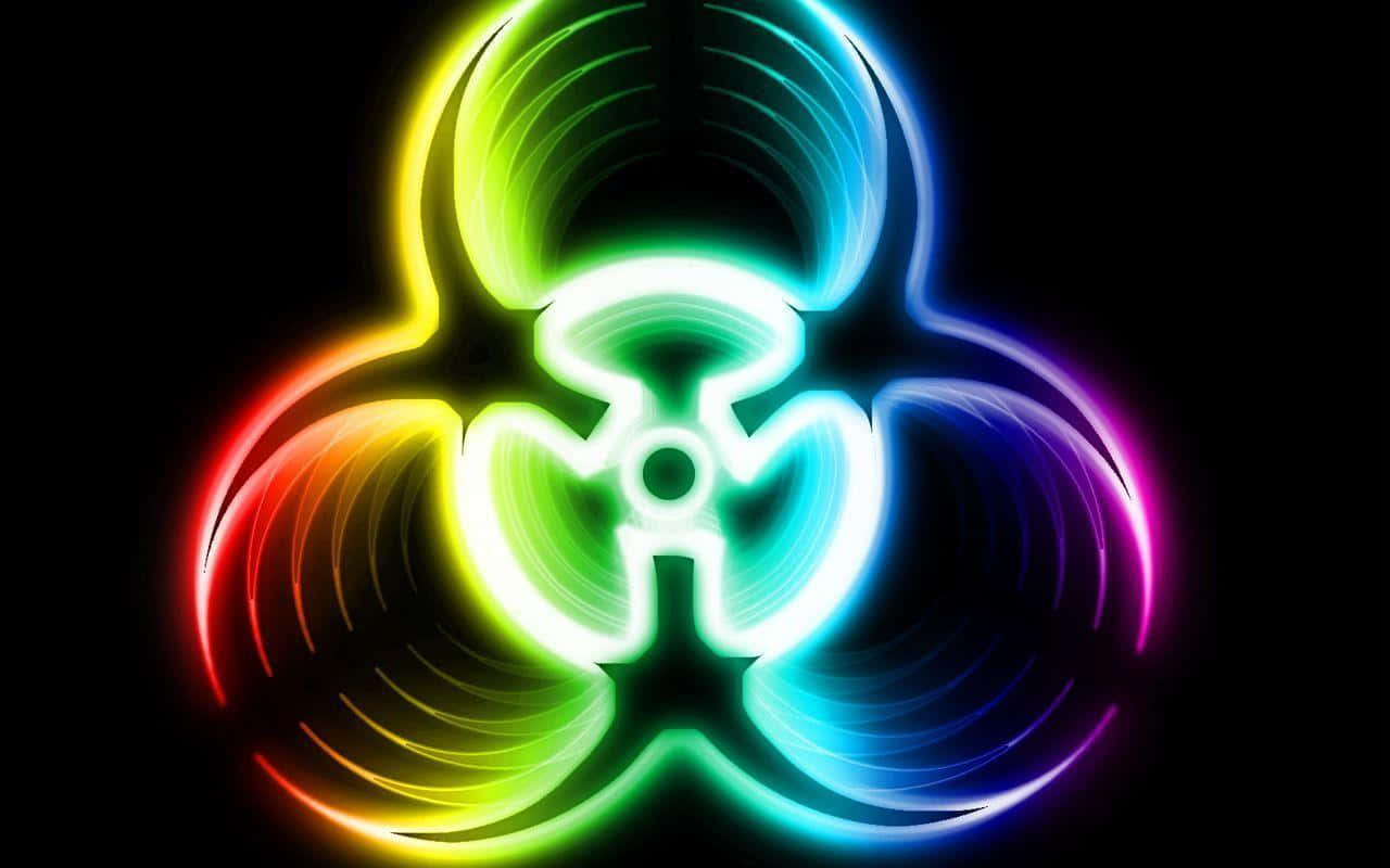 Vibrant Neon Colors, Urban Streetscape, glowing rainbow biohazard symbol, HD Desktop Wallpaper