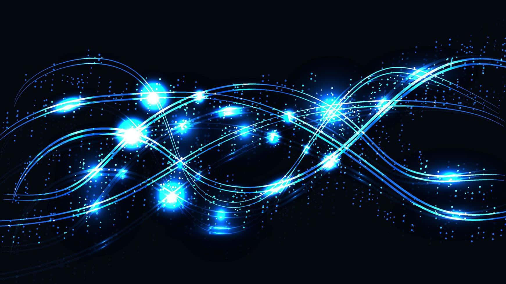 Vibrant blue glowing energy waves, deep black background, sparkling particles, HD Desktop Wallpaper