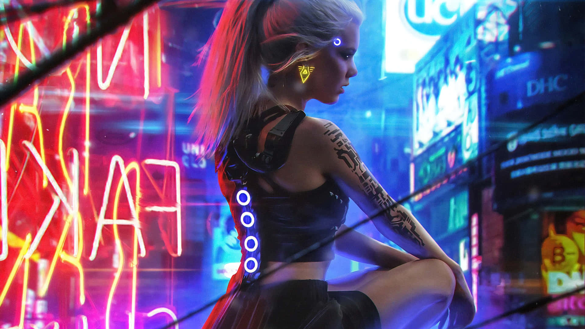 cyberpunk woman, glowing cybernetics, vibrant neon signs, Full HD Desktop Wallpaper