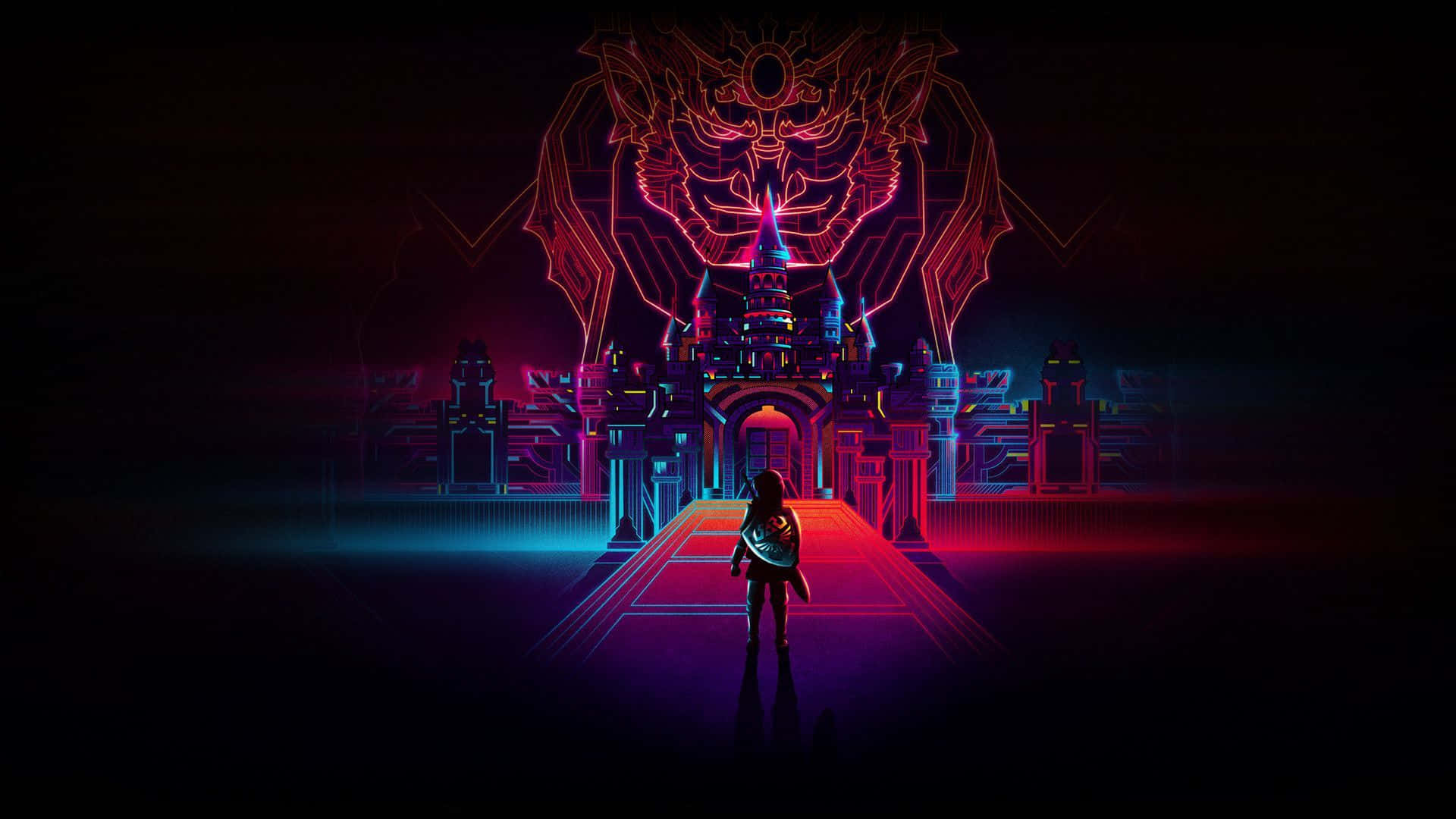 neon castle, cybernetic tiger head, rainy street, Full HD Desktop Wallpaper