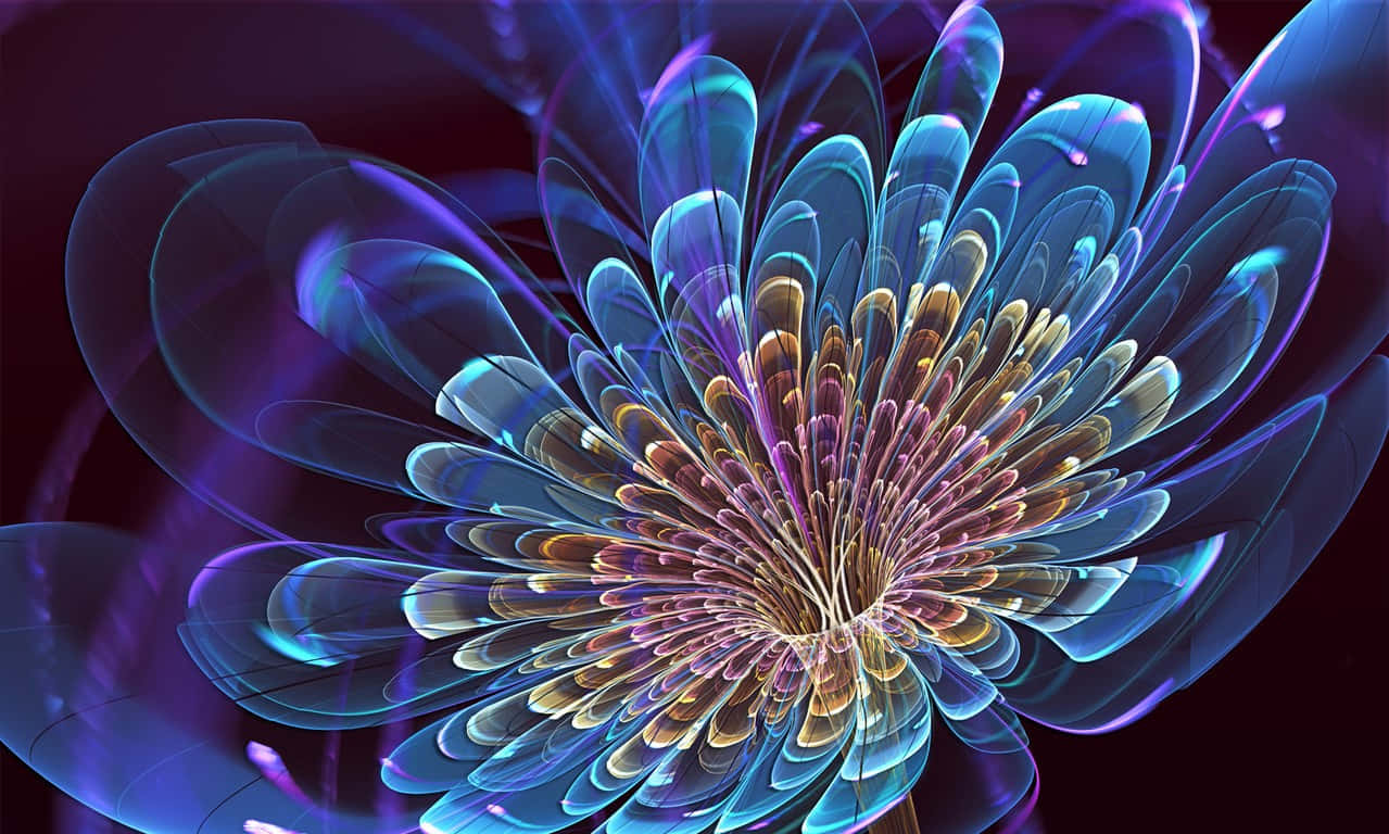 fractal flower, translucent blue petals, golden core, SD Desktop Wallpaper
