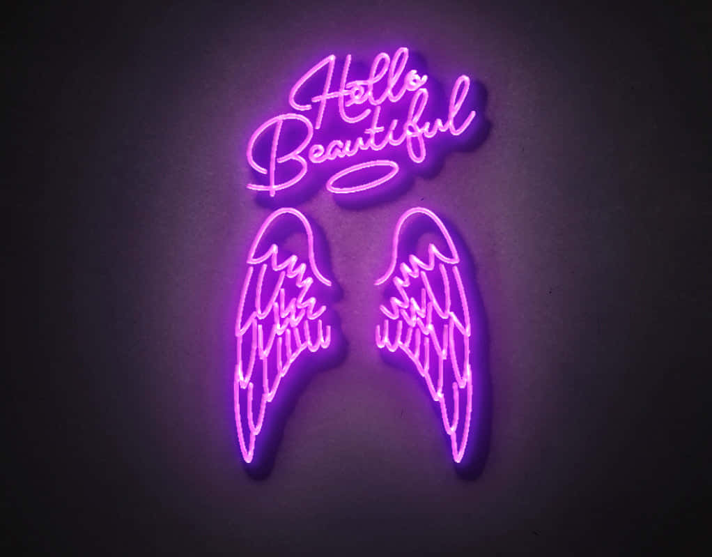 Hello Beautiful, angel wings, glowing purple neon sign, SD Desktop Wallpaper