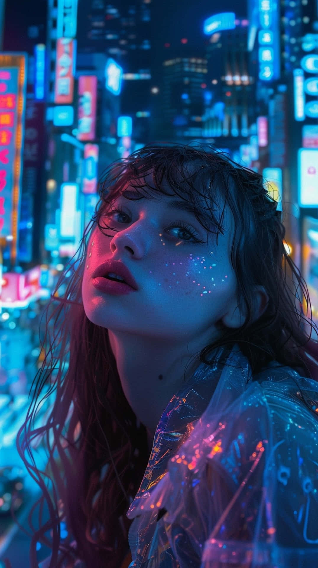 Neon Dreams Downtown Girl, glowing face, wet hair, Full HD Phone Wallpaper