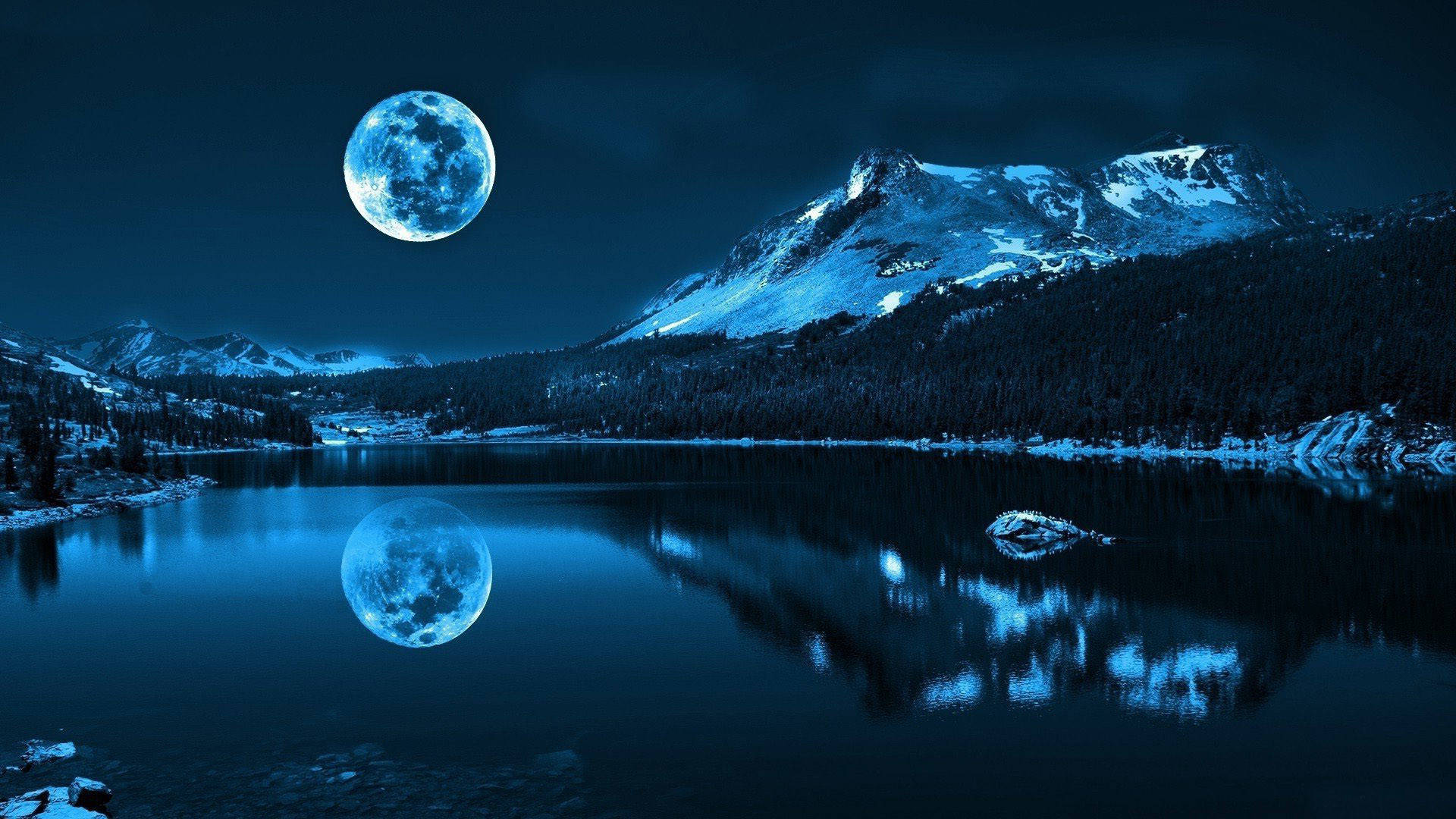 full moon, snow-capped mountains, tranquil blue lake, Full HD Desktop Wallpaper