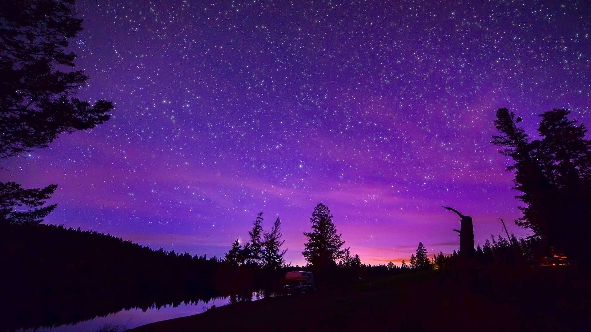 pastel sky, starry purple night sky, serene lake, Full HD Desktop Wallpaper