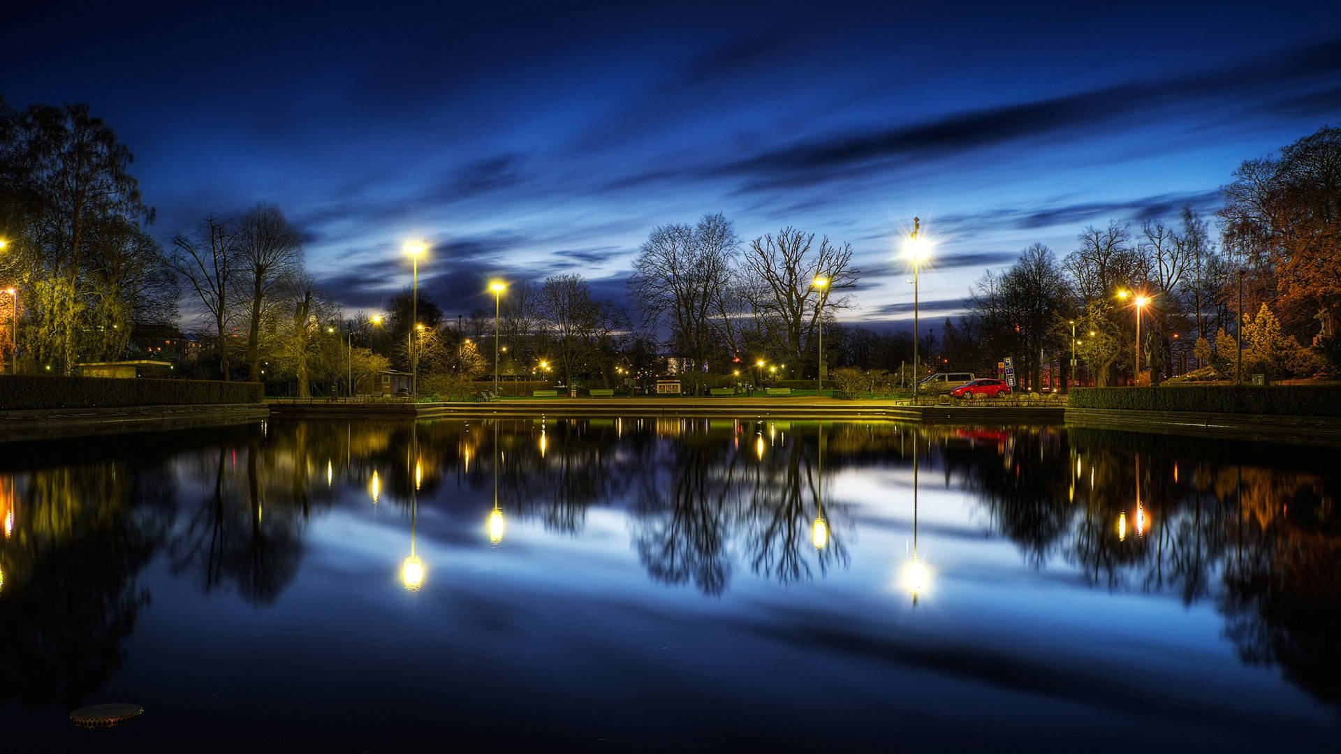 City Park, twilight, pond, Full HD Desktop Wallpaper