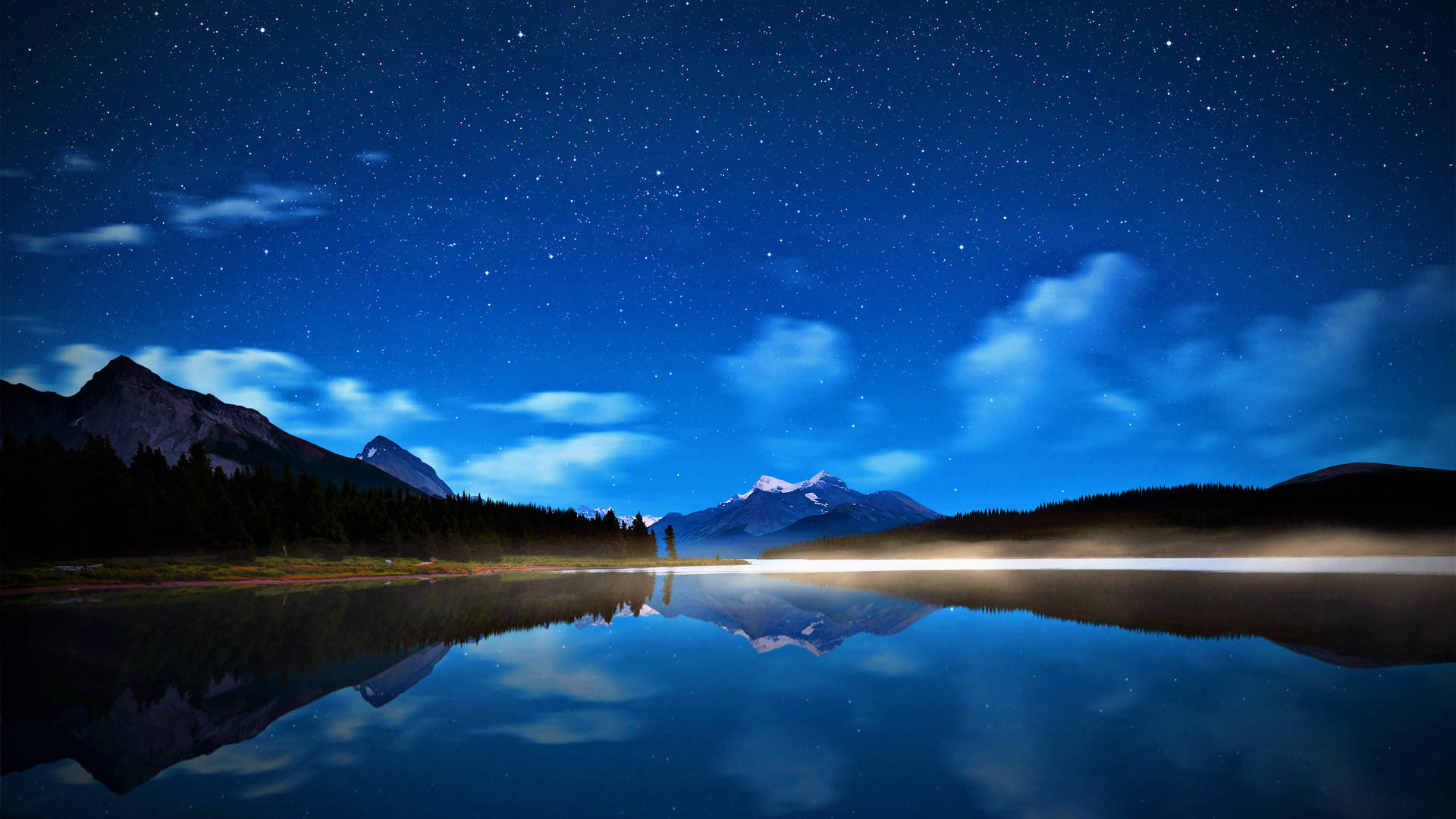 starry night sky, calm lake, dark mountains, Full HD Desktop Wallpaper