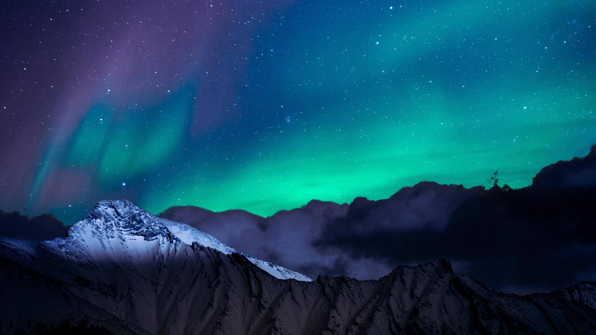 aurora borealis, snowcapped mountain peaks, starry night sky, Full HD Desktop Wallpaper