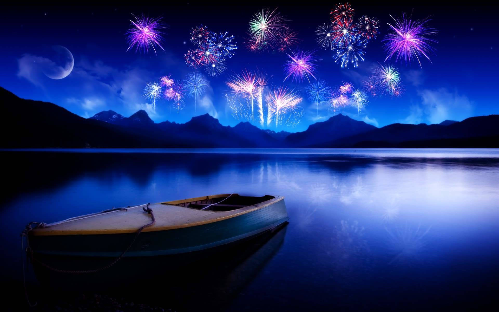 New Year's Eve, beautiful night, wooden boat, Full HD Desktop Wallpaper