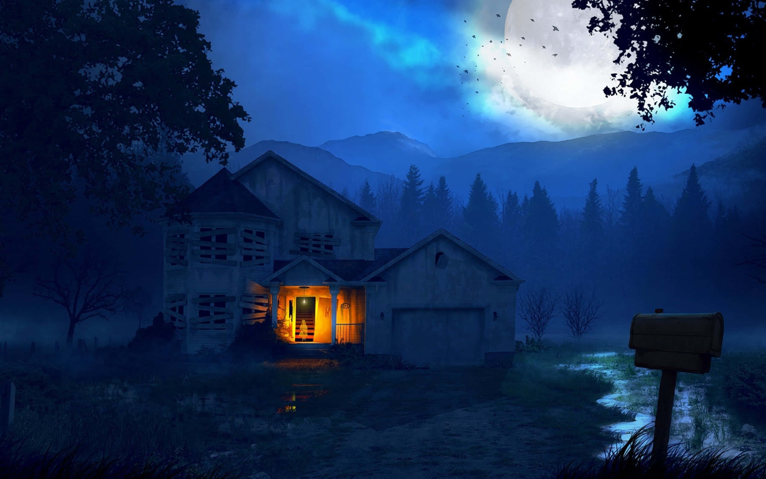 full moon, abandoned house, bats, 2K Desktop Wallpaper